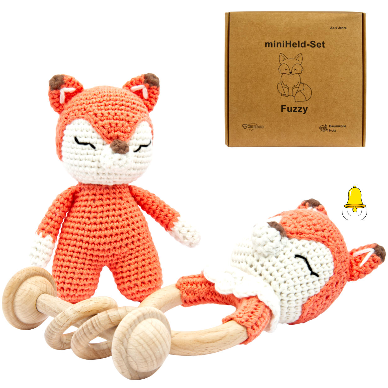 Handgestrickter Fuchs Fuzzy Set Babyrassel Holz Baumwolle 15 cm