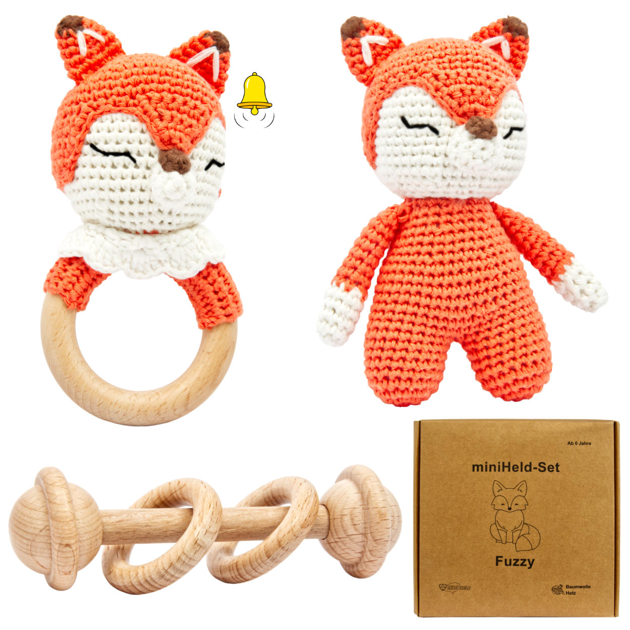 Handgestrickter Fuchs Fuzzy Set Babyrassel Holz Baumwolle 15 cm
