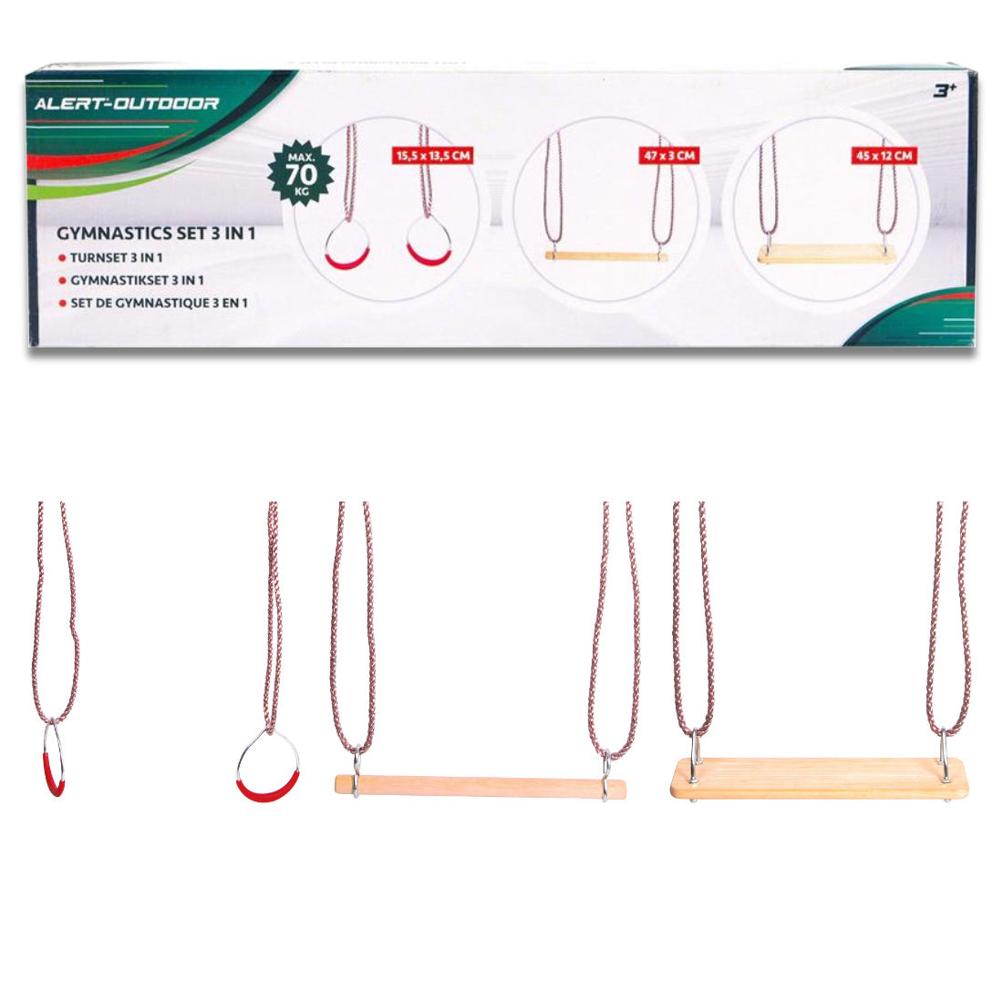 Gymnastik Set 3 in 1 Schaukel Stange Ringe aus Holz Innen und aussen