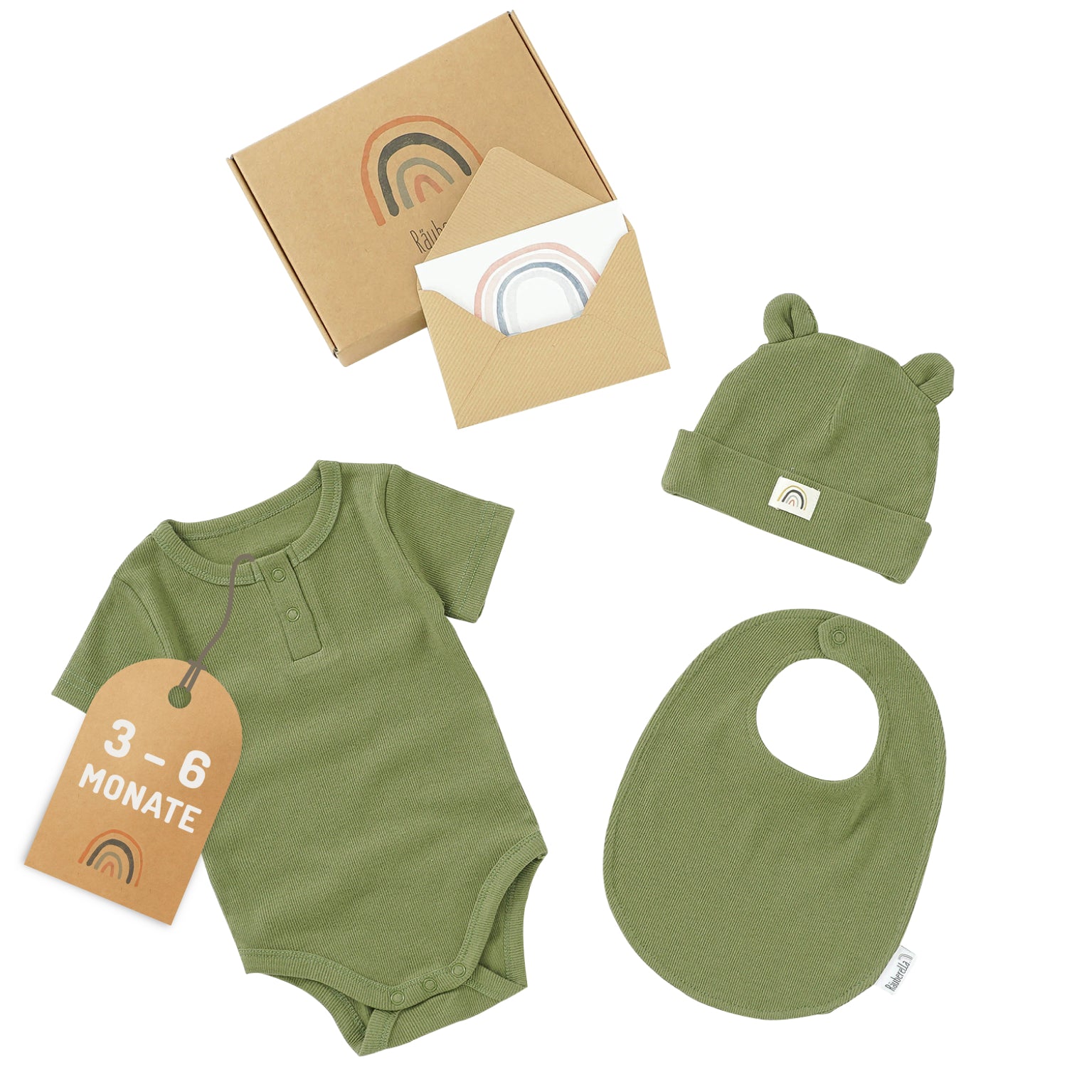 Baby Geschenkset 3-teilig Oliv – Body, Mütze & Lätzchen
