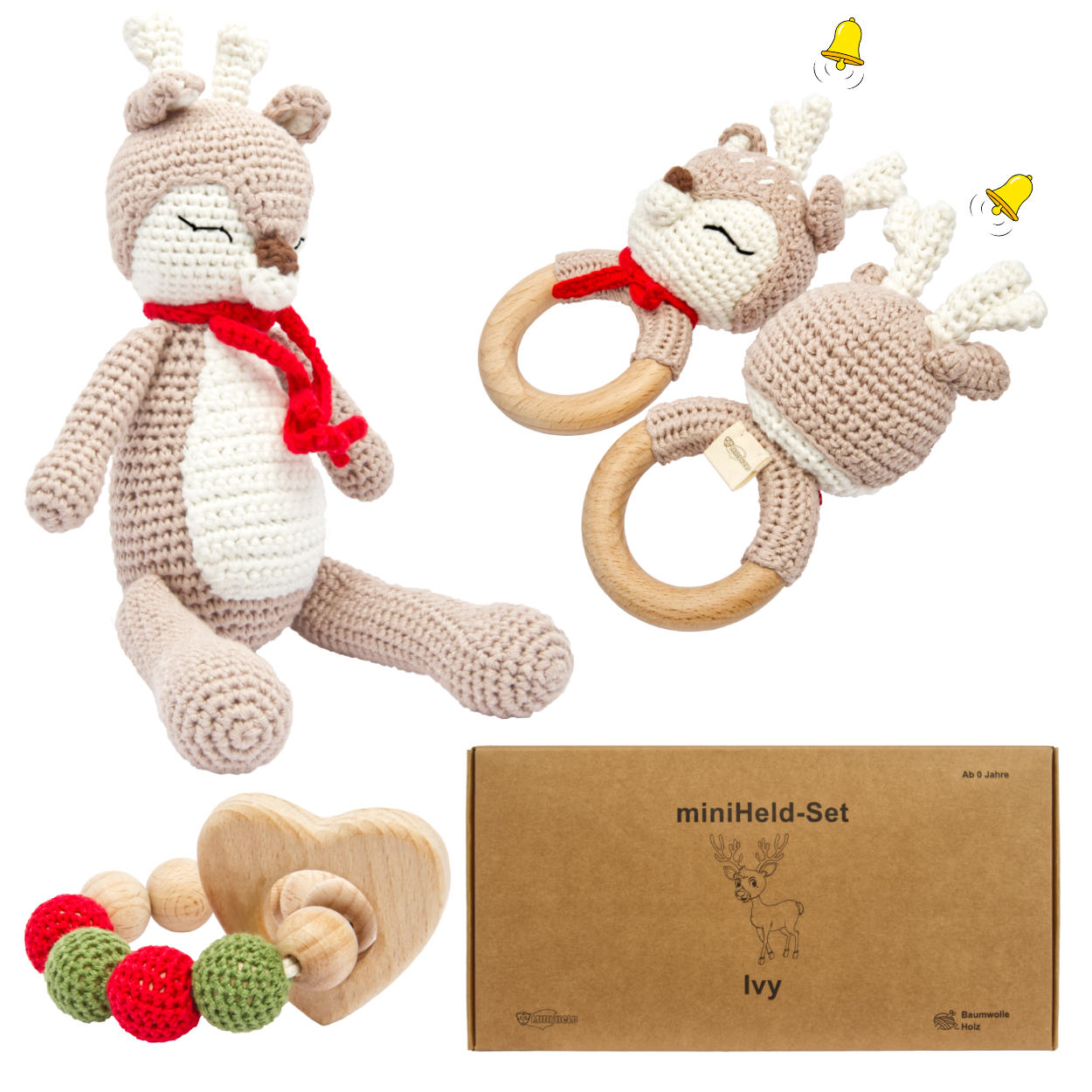 Handgestrickter Reh Ivy Set Babyrassel Holzspielzeug und Baumwolle