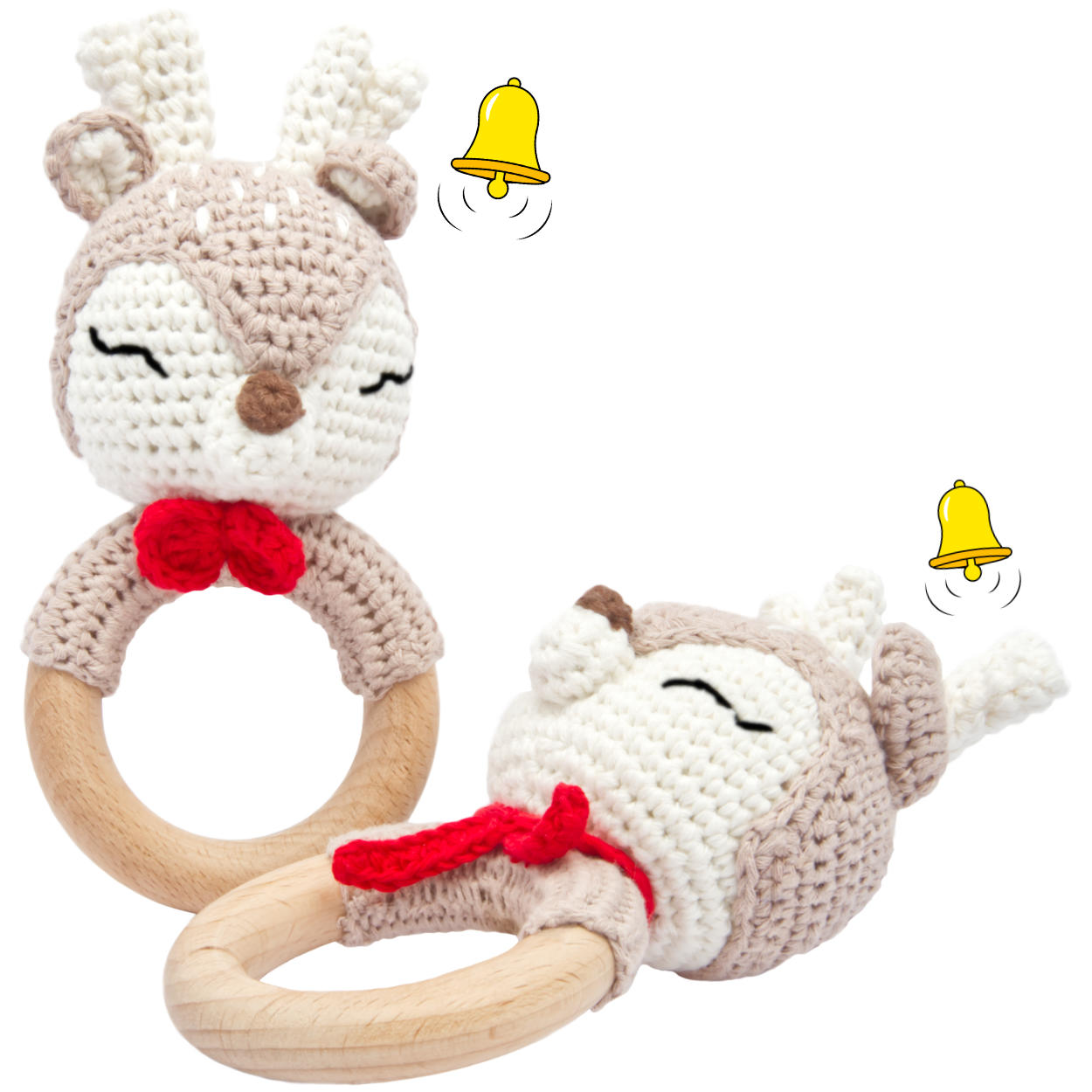 Handgestrickter Reh Ivy Set Babyrassel Holzspielzeug und Baumwolle