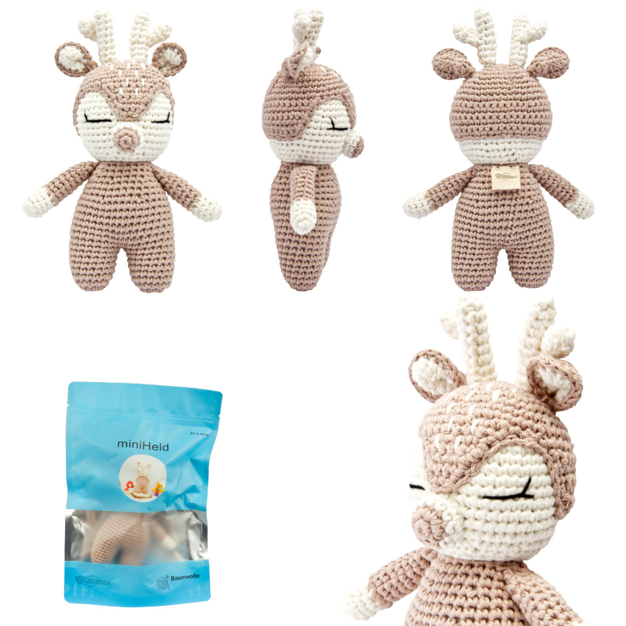 Handgestrickter Hirsch/Reh gehäkelt aus Baumwolle Spielzeug 18 cm