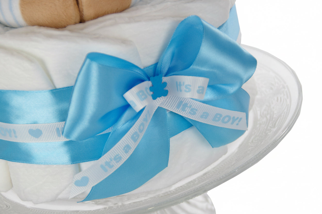 Windeltorte Junge blau mit Teddybär-Spieluhr – Geschenk zur Geburt