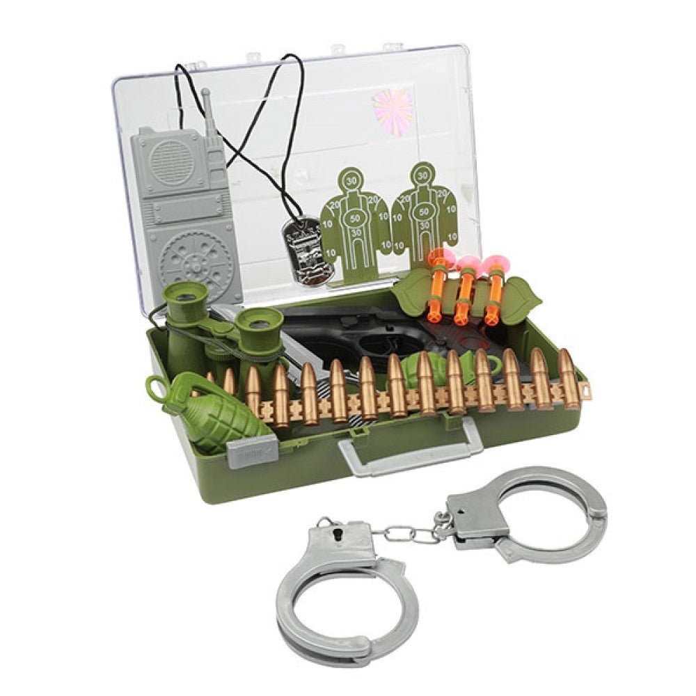 Kinder Militär Set großer Koffer mit Pistole Handschellen