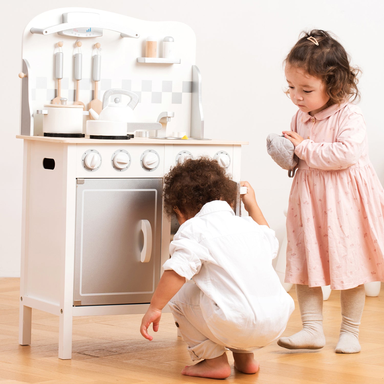 Küchenzeile Kinderküche Holz Bon Appetit DeLuxe weiß silber Holz