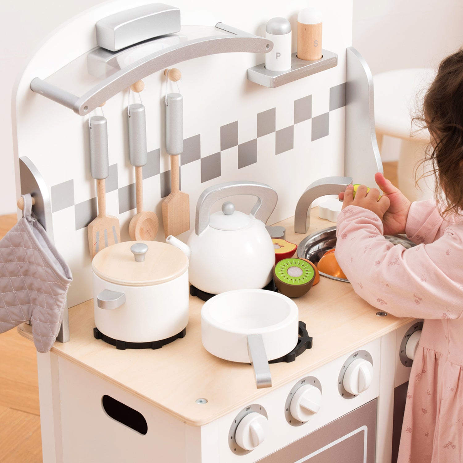 Küchenzeile Kinderküche Holz Bon Appetit DeLuxe weiß silber Holz