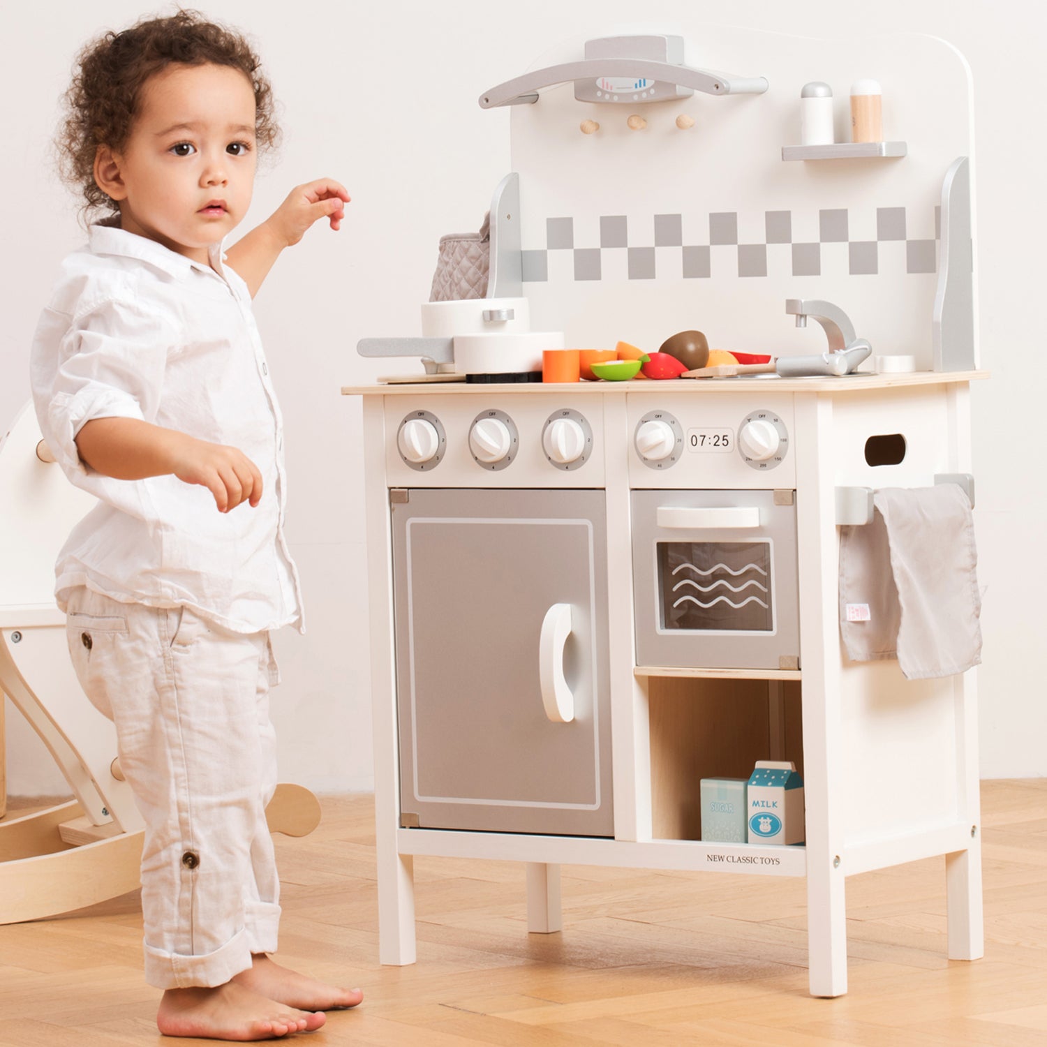 Küchenzeile Kinderküche Holz Bon Appetit DeLuxe weiß silber Holz