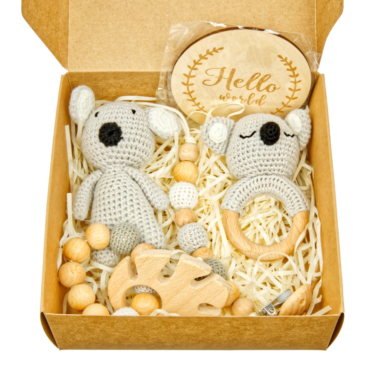 Handgestrickter Koala Lako Geschenkbox zur Geburt oder Babyparty