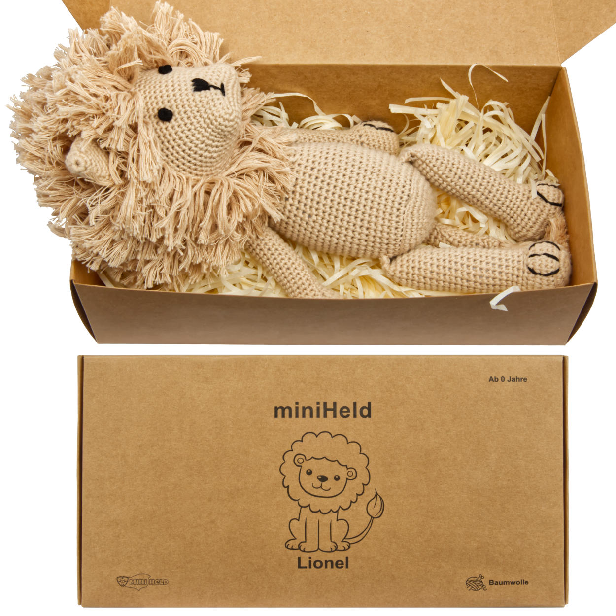 Handgestrickter Löwe Lionel gehäkelt Spielzeug 32 cm aus Baumwolle