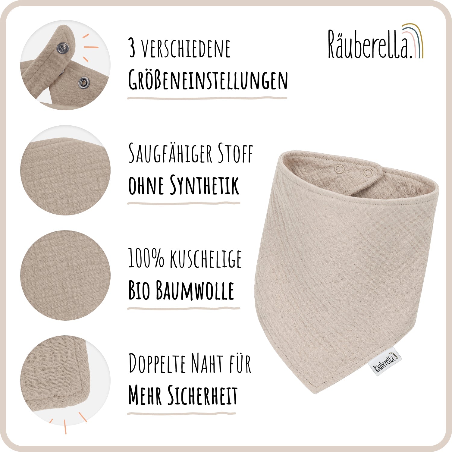 3er Set Musselin Lätzchen Flieder, Rosa & Beige