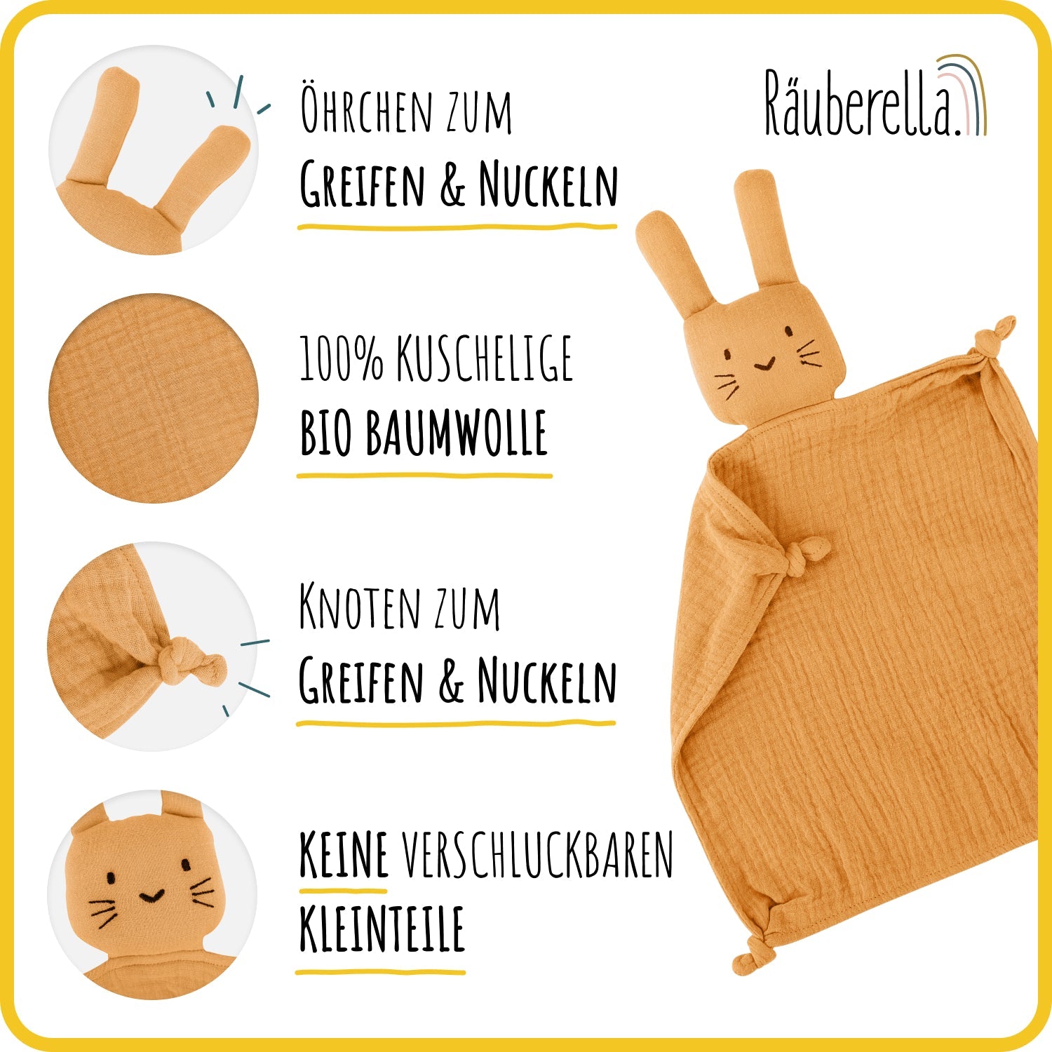 Baby Geschenkset Ocker – Schmusetuch Hase, Holz-Beißring & Halstuch | Musselin