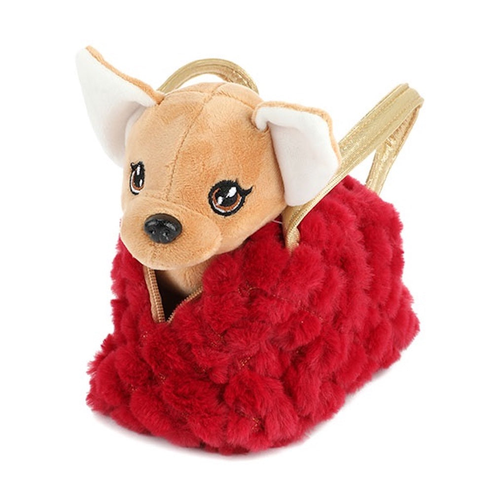 Plüschhund Chihuahua in einer Plüschhandtasche