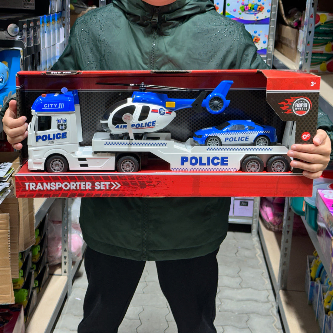 Polizei Autotransporter 54 cm Auto Hubschrauber mit Licht und Sound