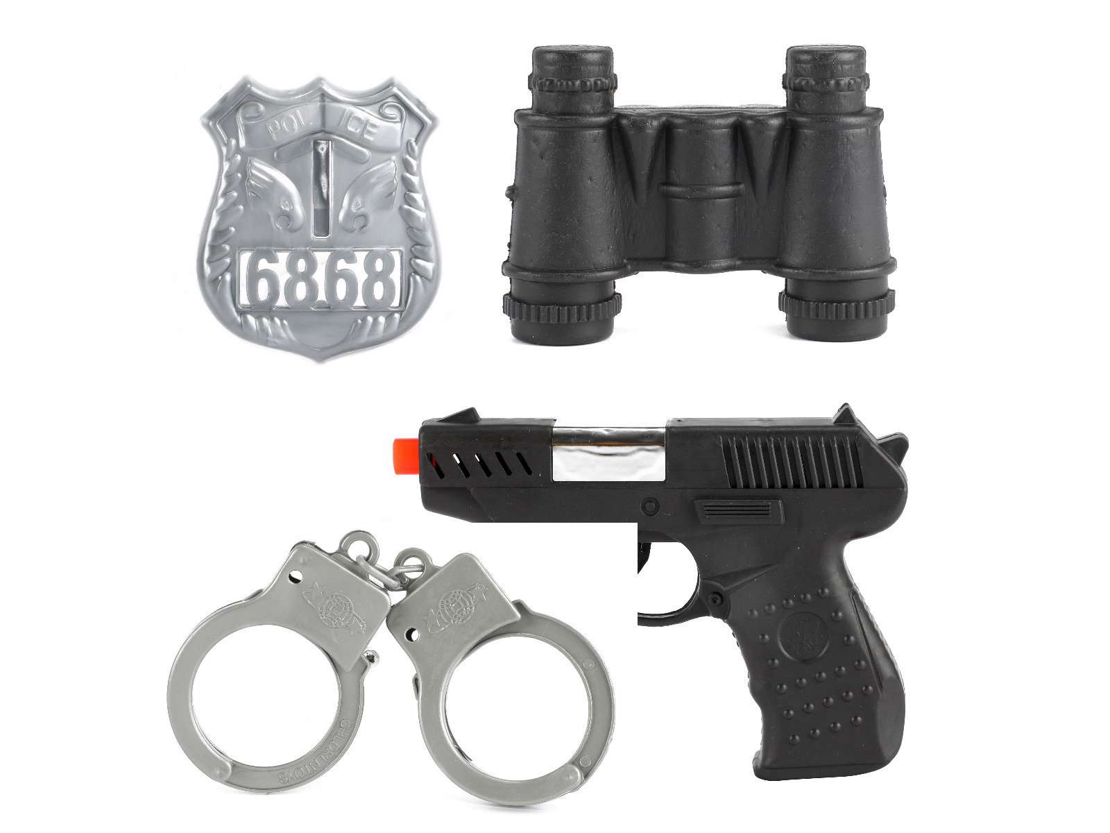 Polizei Spielset mit 4 Teilen. Spielzeugpistole, Handschellen, Schild und Fernglas