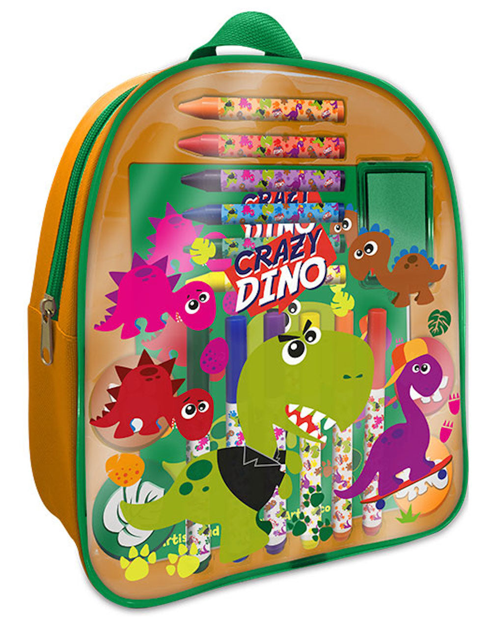 Rucksack mit Schreibwaren Dinosaurier Motiv