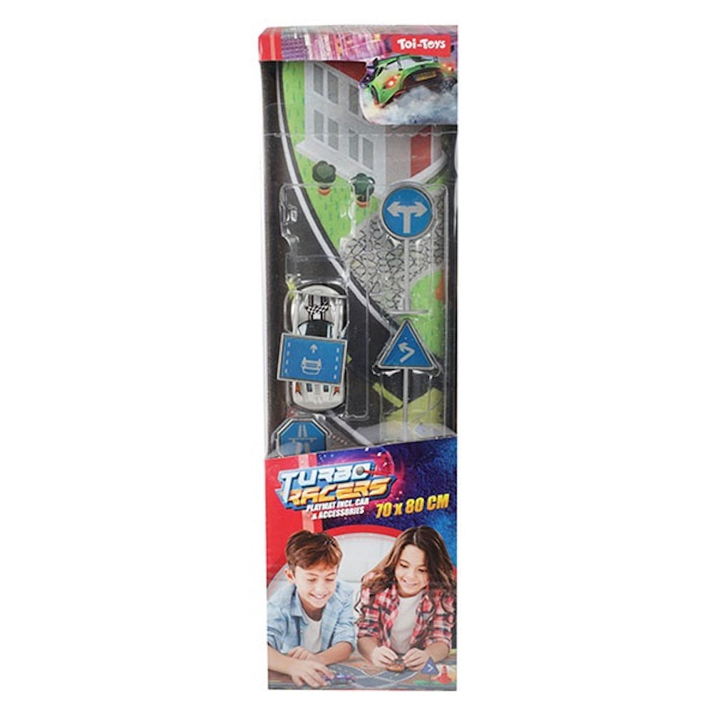 Spielautos mit einer Spielmatte und Verkehrszeichen oder Tierfiguren