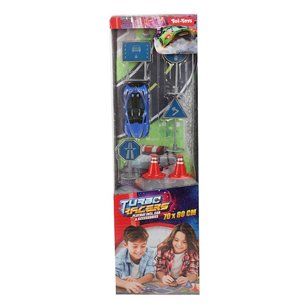 Spielautos mit einer Spielmatte und Verkehrszeichen oder Tierfiguren