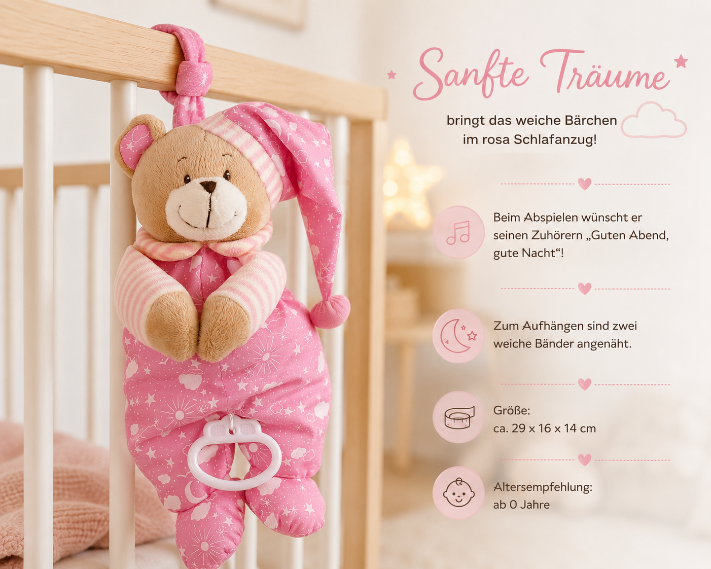 Windeltorte Mädchen rosa mit Teddybär-Spieluhr