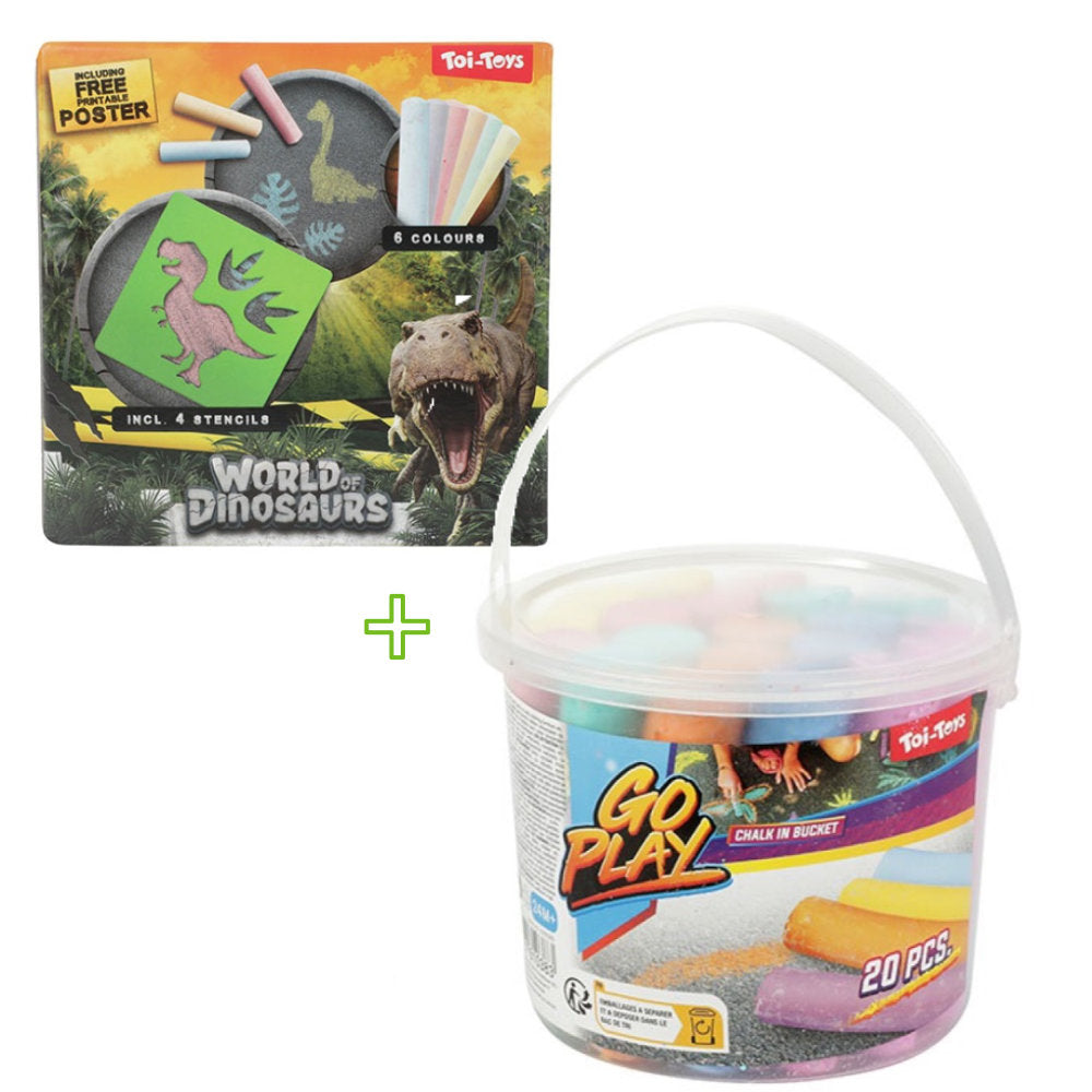 Strassenmalkreide 20 Kreide im Eimer mit Dino-Schablonen und 6 Kreide