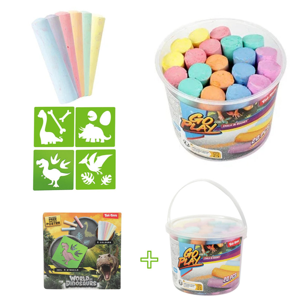 Strassenmalkreide 20 Kreide im Eimer mit Dino-Schablonen und 6 Kreide