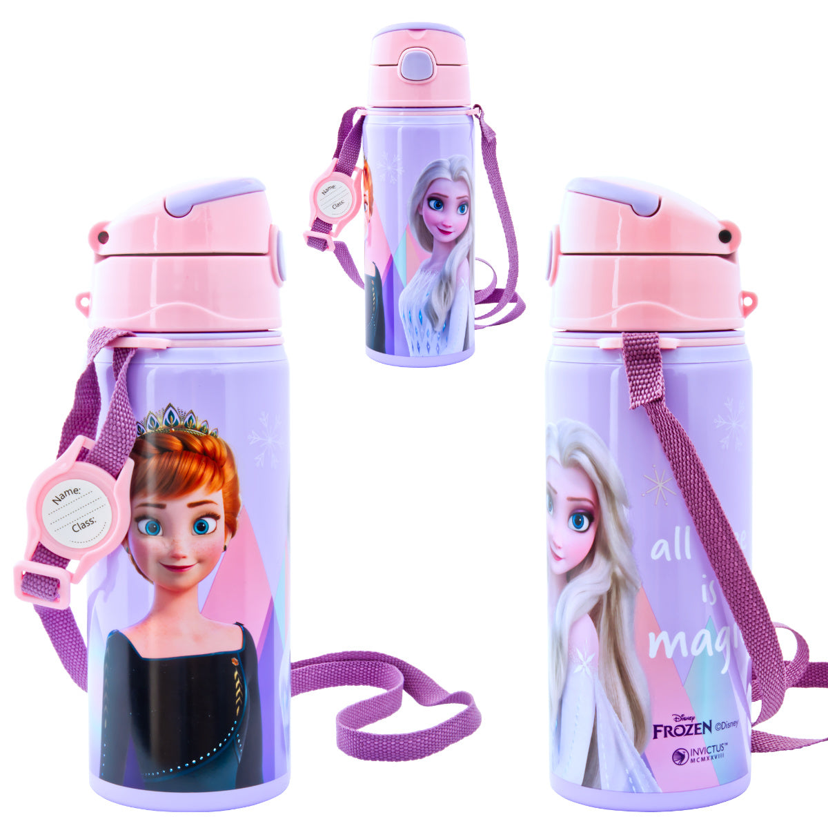 Kinder Trinkflasche Frozen 500ml Aluminium Flasche Tragegurt Elsa Anna