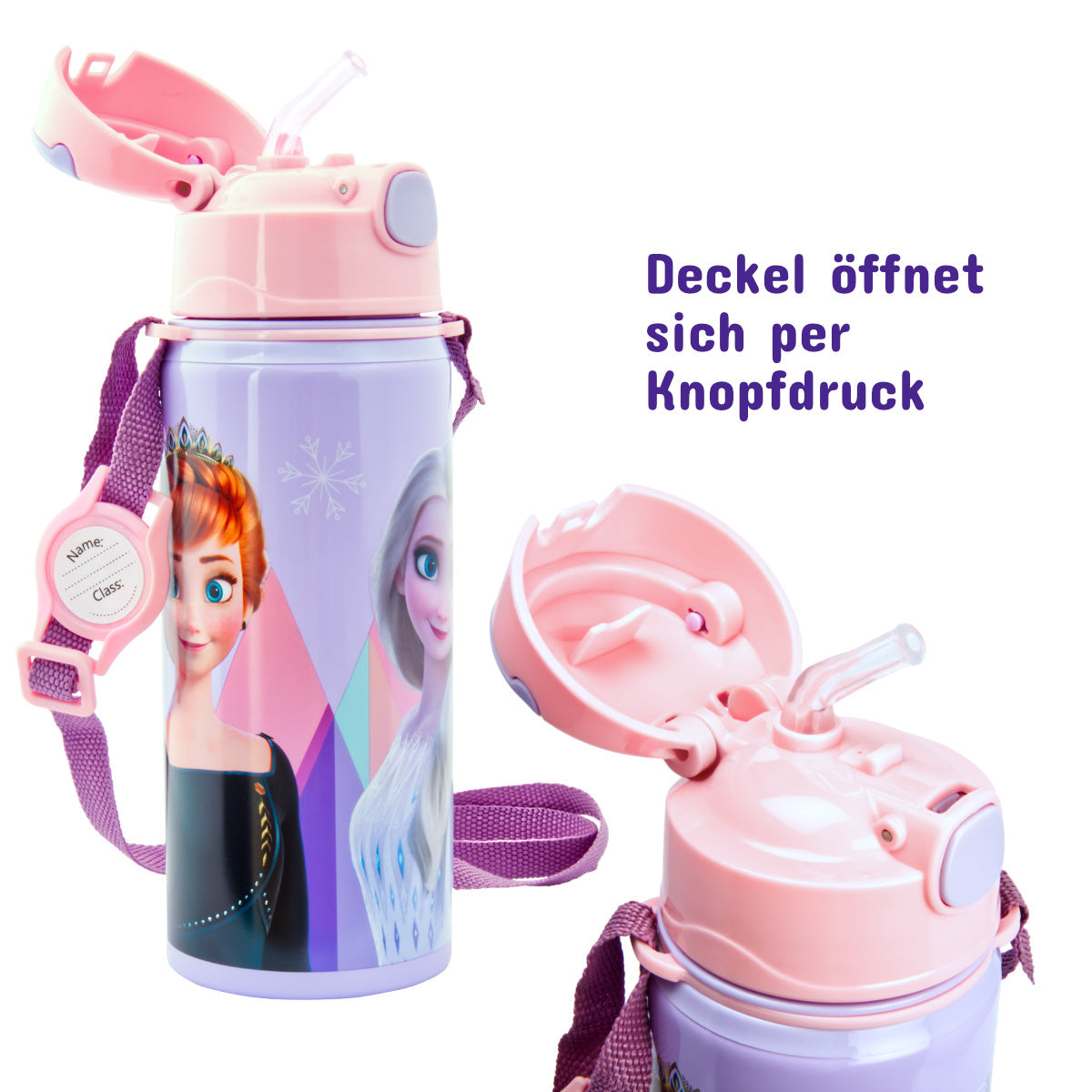 Kinder Trinkflasche Frozen 500ml Aluminium Flasche Tragegurt Elsa Anna