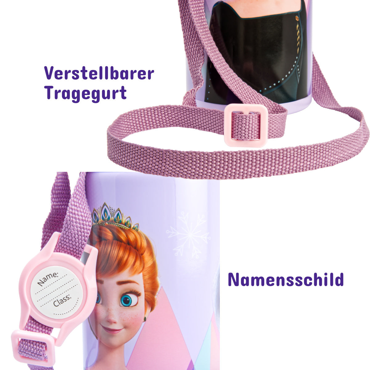 Kinder Trinkflasche Frozen 500ml Aluminium Flasche Tragegurt Elsa Anna