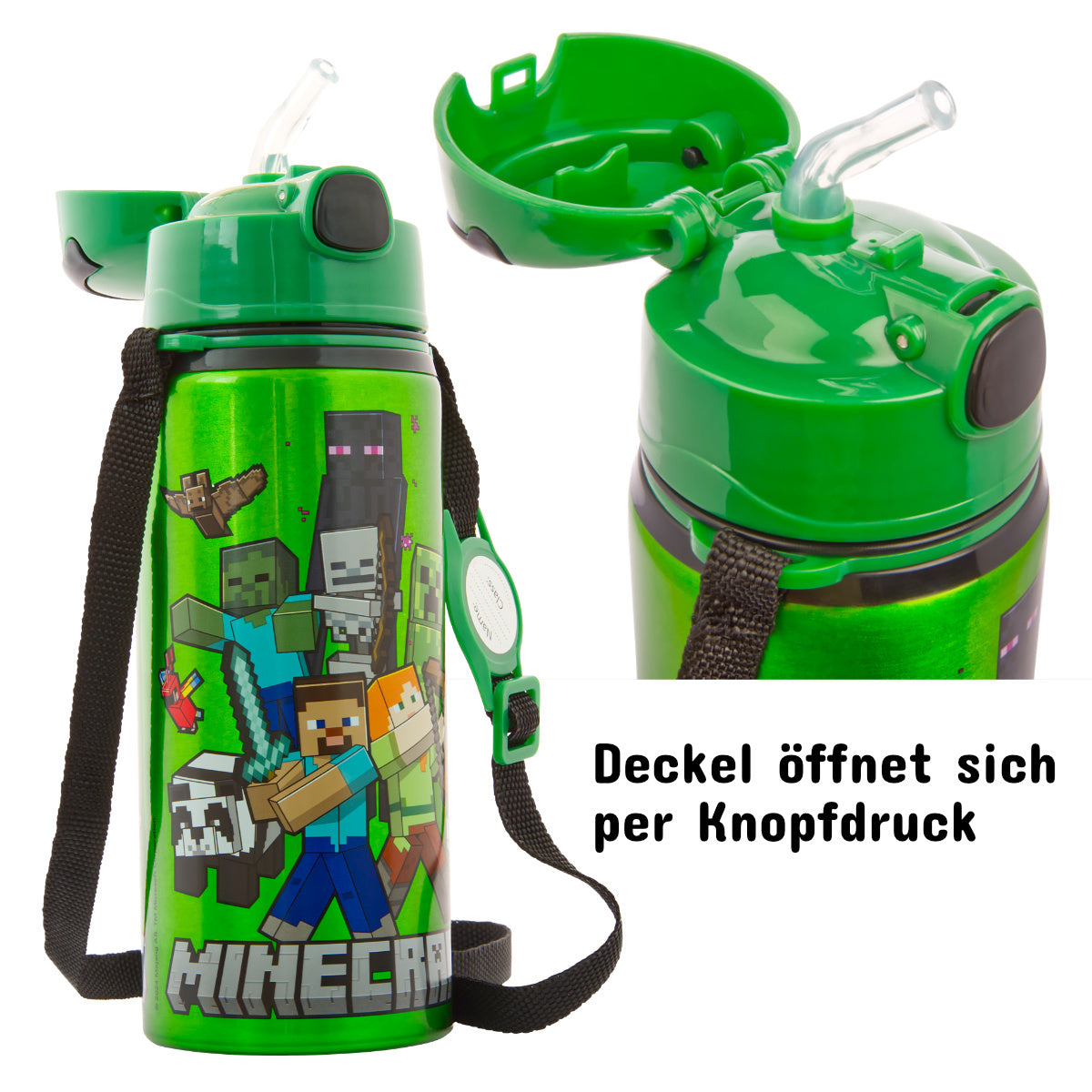 Kinder Trinkflasche Minecraft 600ml Tragegurt Aluminium GameCharakter