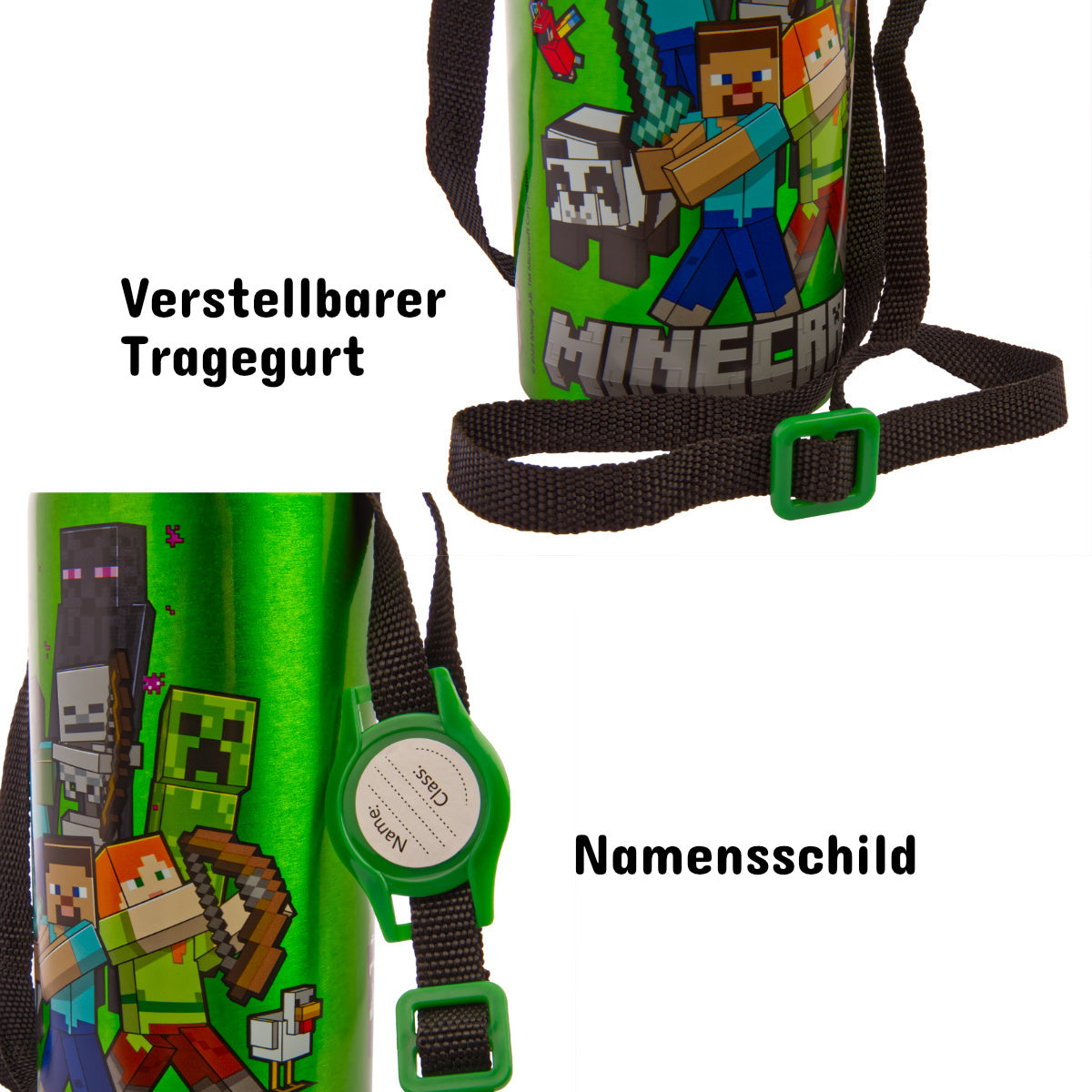 Kinder Trinkflasche Minecraft 600ml Tragegurt Aluminium GameCharakter