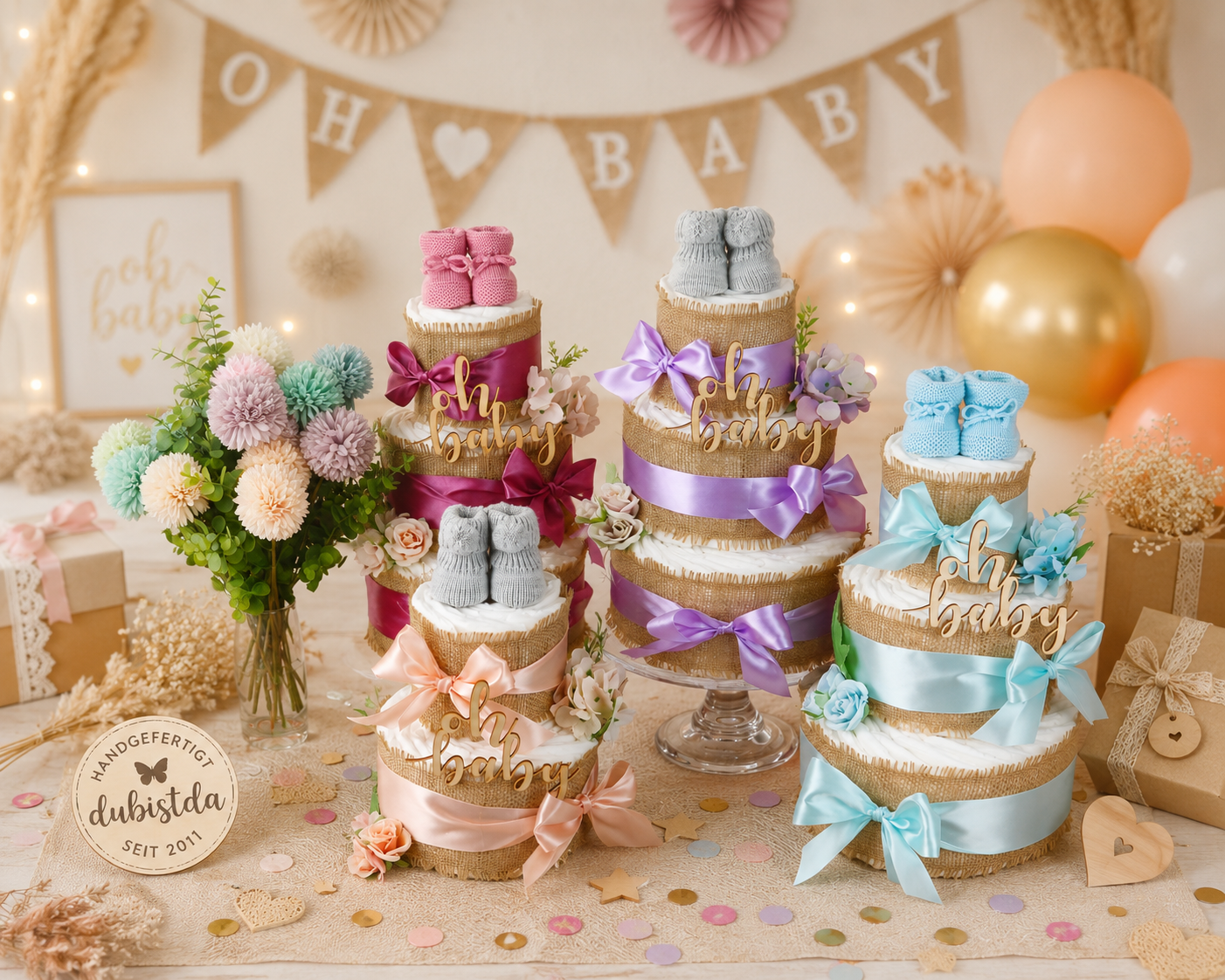 Windeltorte ALLES JUTE zur Geburt – Boho in Plum