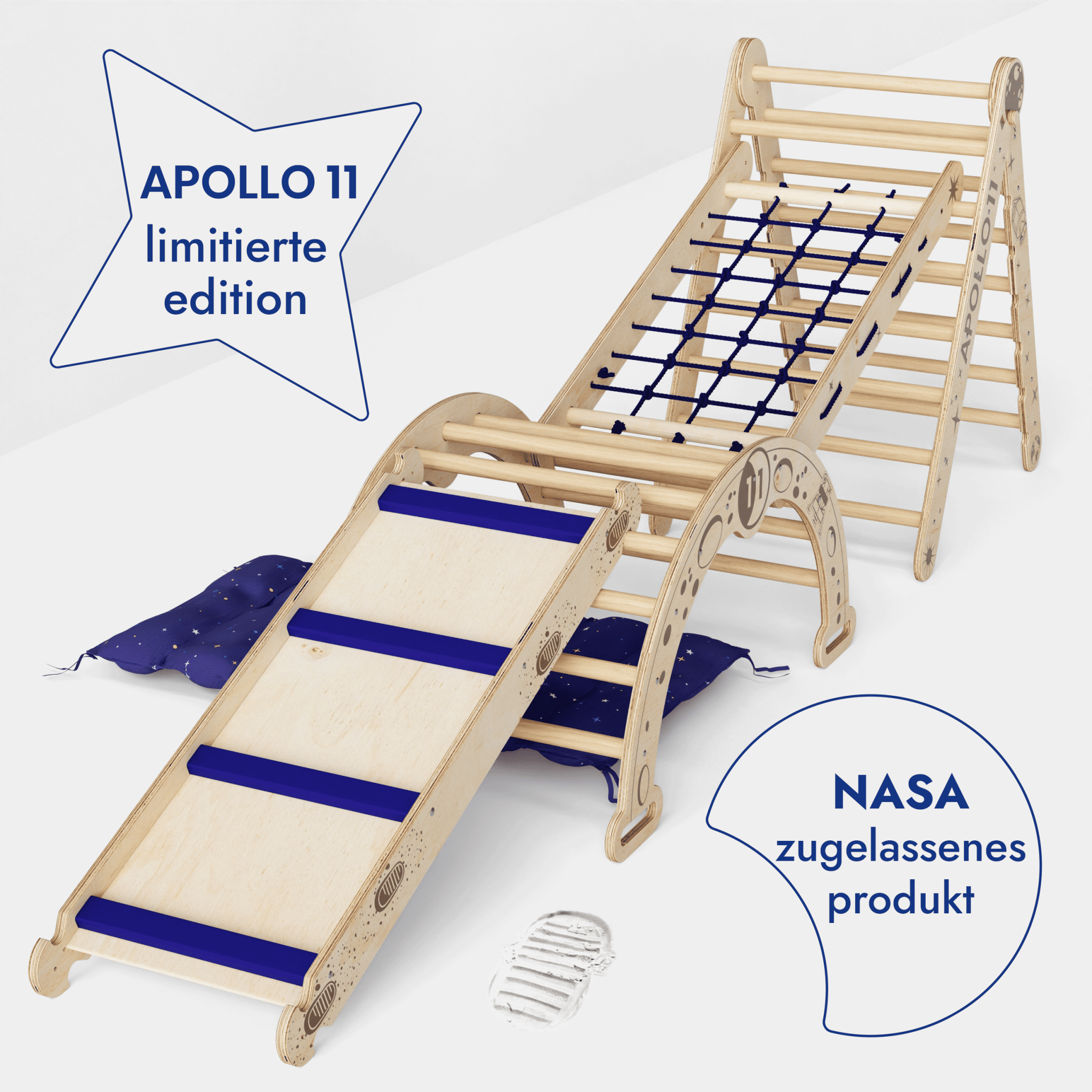 Apollo 5-in-1 Kletterset: Pikler-Dreieck, Kletterbogen, Rutschbrett, Kissen und Netz für kleine Astronauten