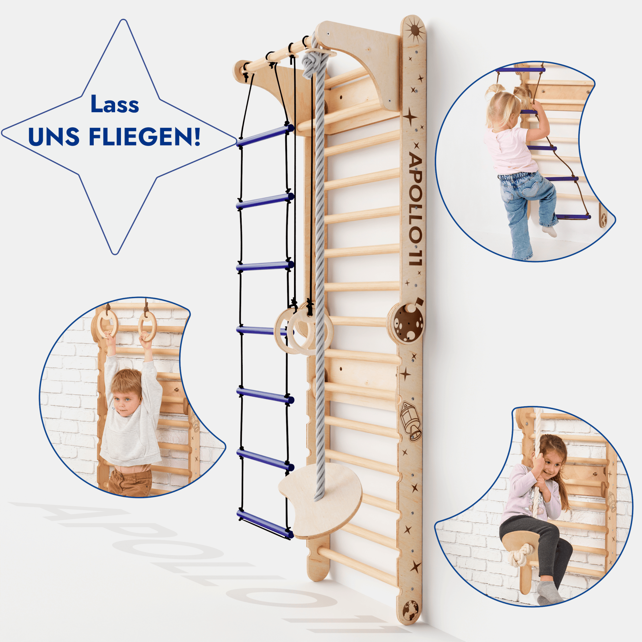 Apollo Schwedische Wand / Kletterleiter für kleine Astronauten + Mondschaukel-Set + Rutschbrett