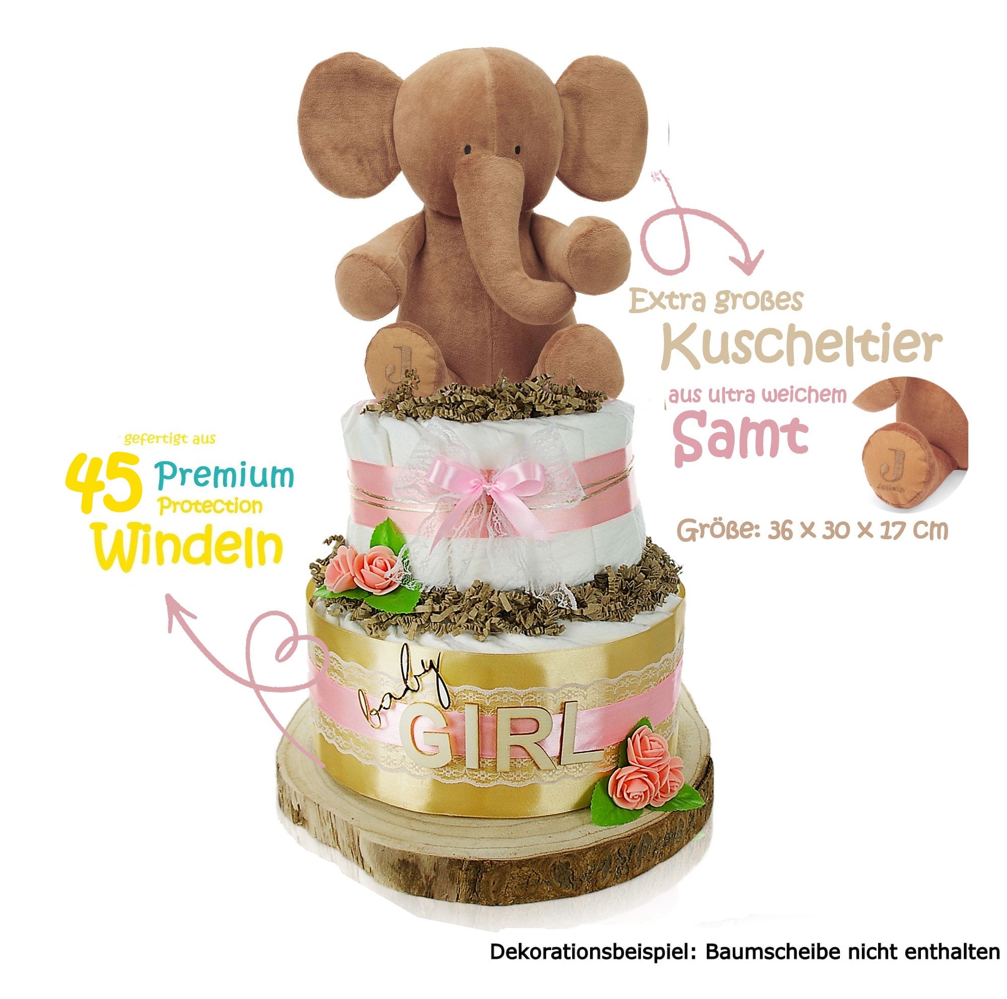 Große Windeltorte LITTLE PEANUT rosa mit Kuschelelefant