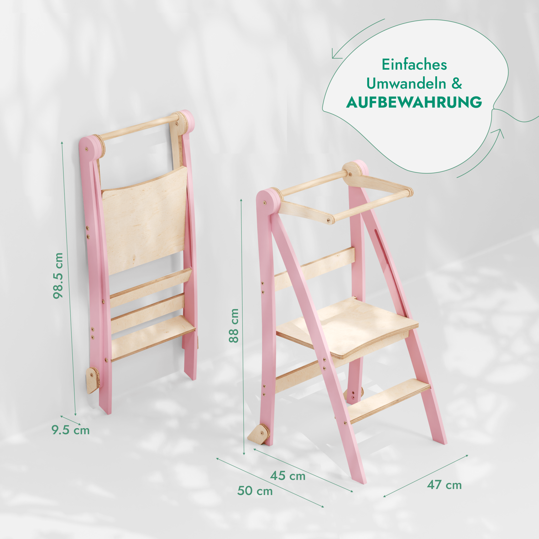 Holz Lernleiter Montessori: Multifunktionaler, klappbarer Lernturm für Kinder – Rosa