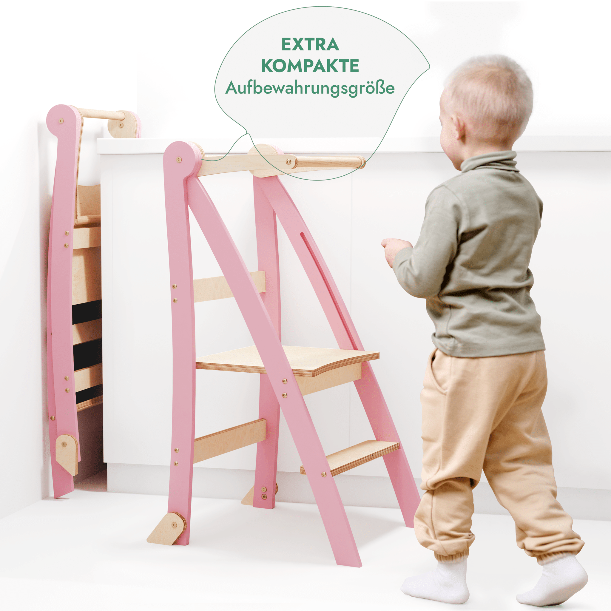 Holz Lernleiter Montessori: Multifunktionaler, klappbarer Lernturm für Kinder – Rosa