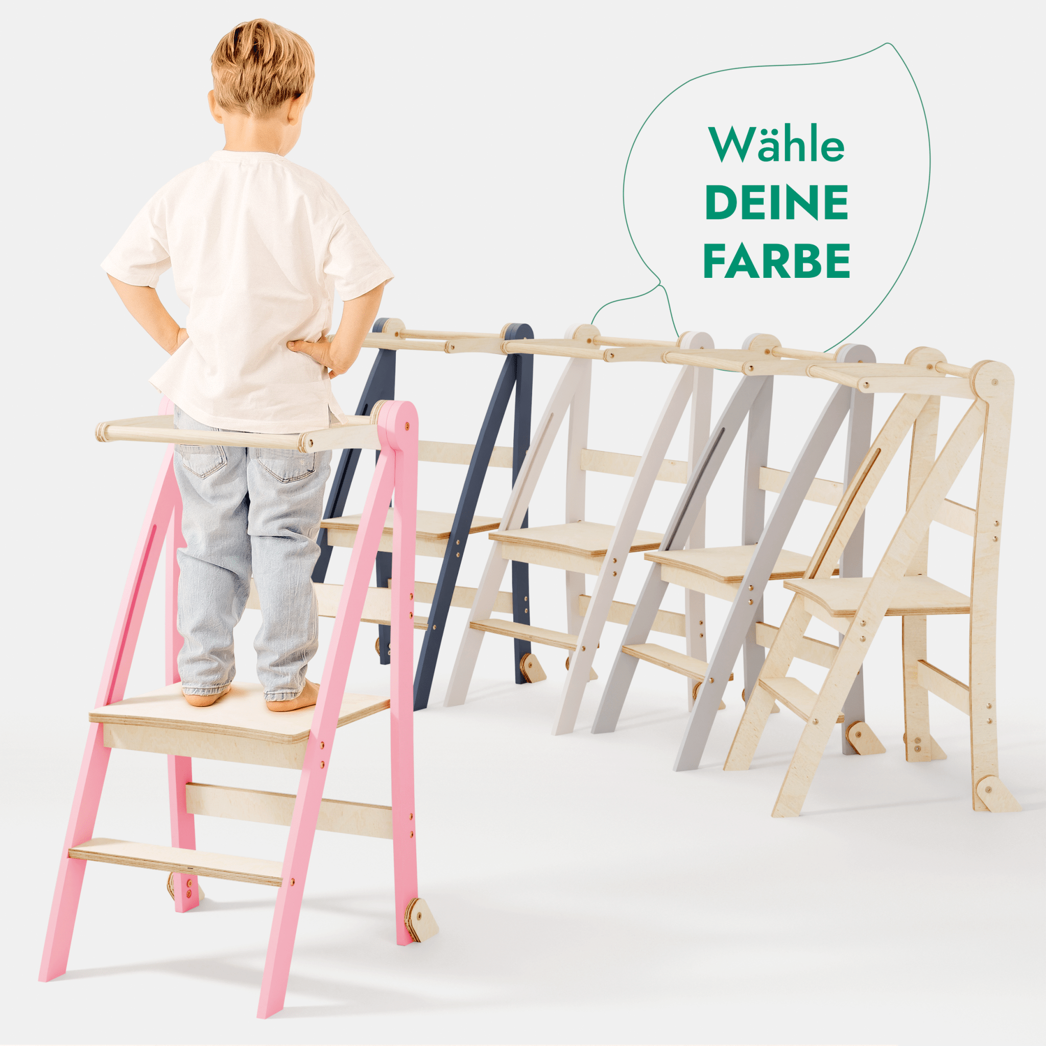 Holz Lernleiter Montessori: Multifunktionaler, klappbarer Lernturm für Kinder – Rosa