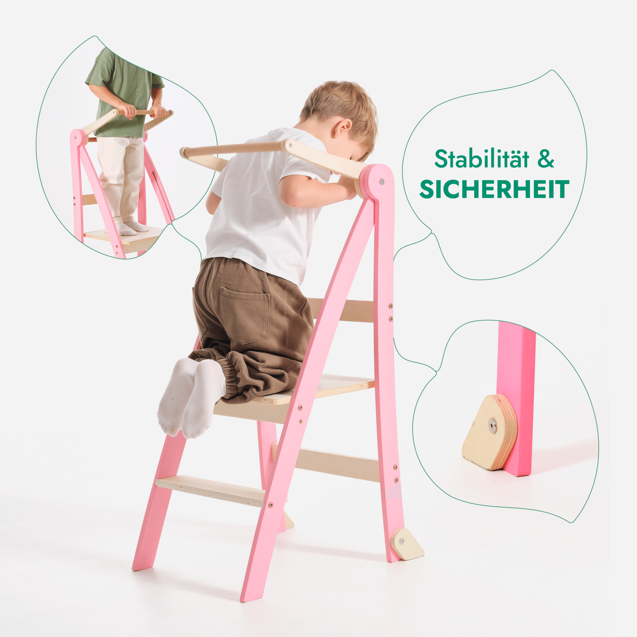 Holz Lernleiter Montessori: Multifunktionaler, klappbarer Lernturm für Kinder – Rosa