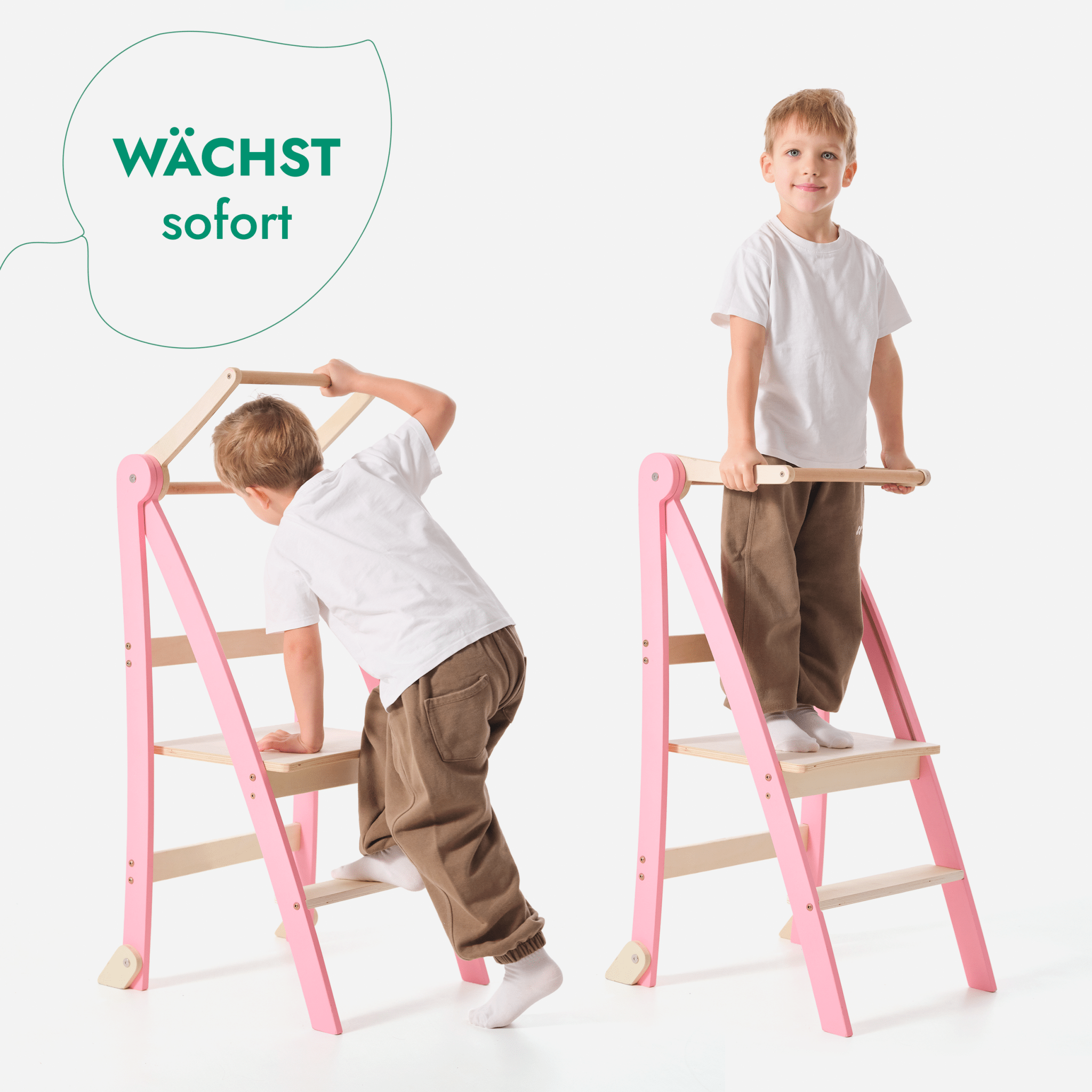 Holz Lernleiter Montessori: Multifunktionaler, klappbarer Lernturm für Kinder – Rosa