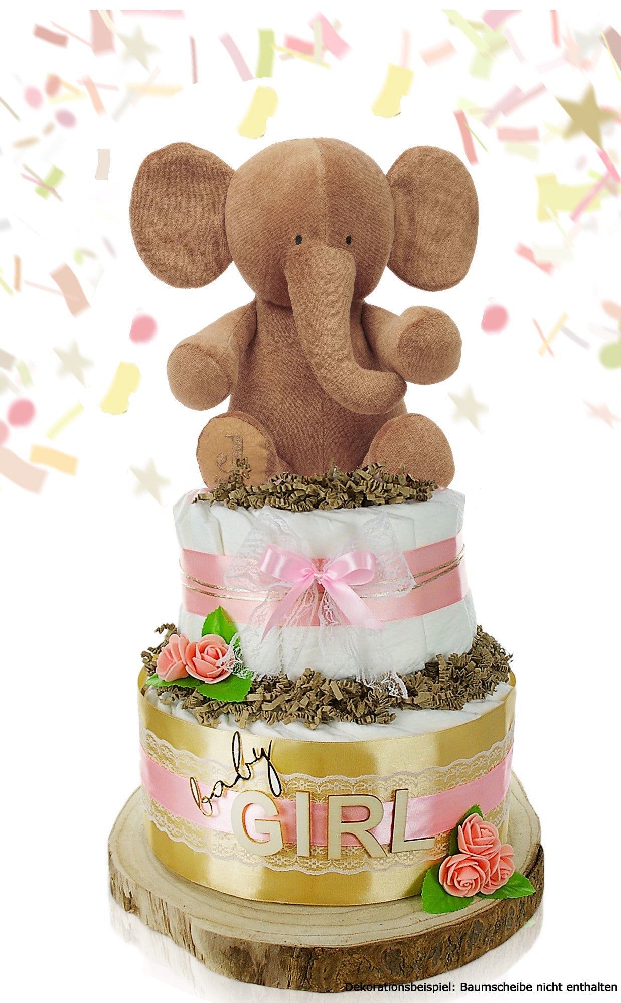 Große Windeltorte LITTLE PEANUT rosa mit Kuschelelefant