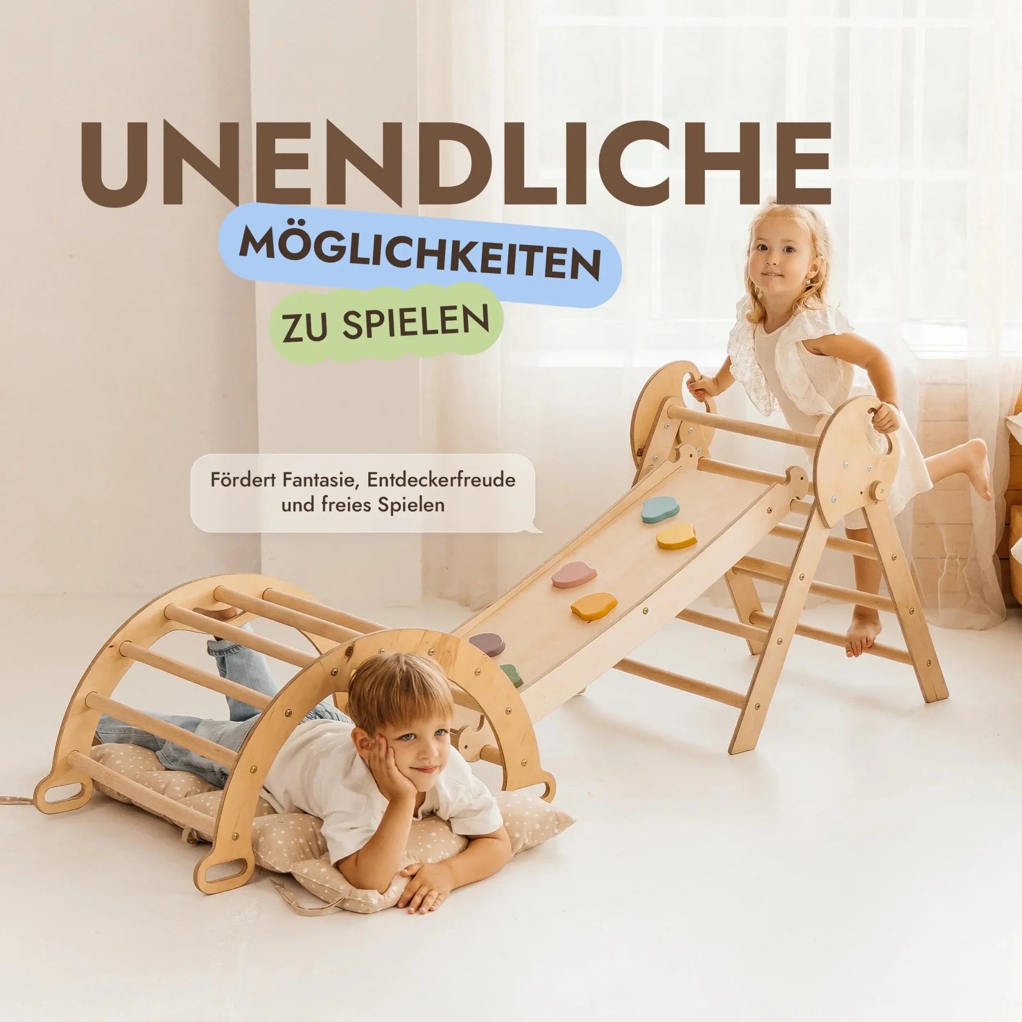 Montessori 4in1 Kletterdreieck für Babys: Pikler-Dreieck, Kletterbogen, Rutschbrett und Kissen für Kleinkinder (1–3 Jahre)