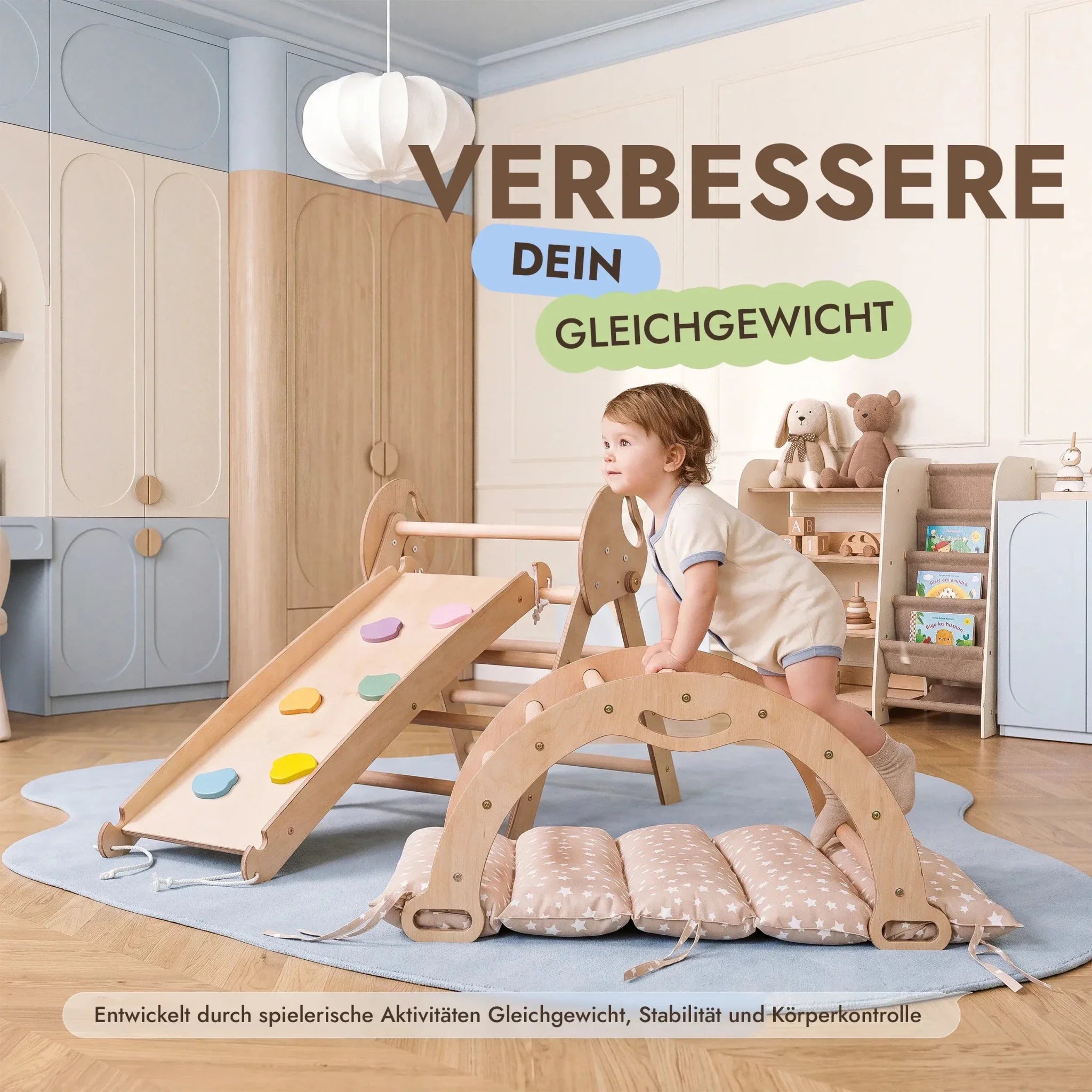 Montessori 4in1 Kletterdreieck für Babys: Pikler-Dreieck, Kletterbogen, Rutschbrett und Kissen für Kleinkinder (1–3 Jahre)