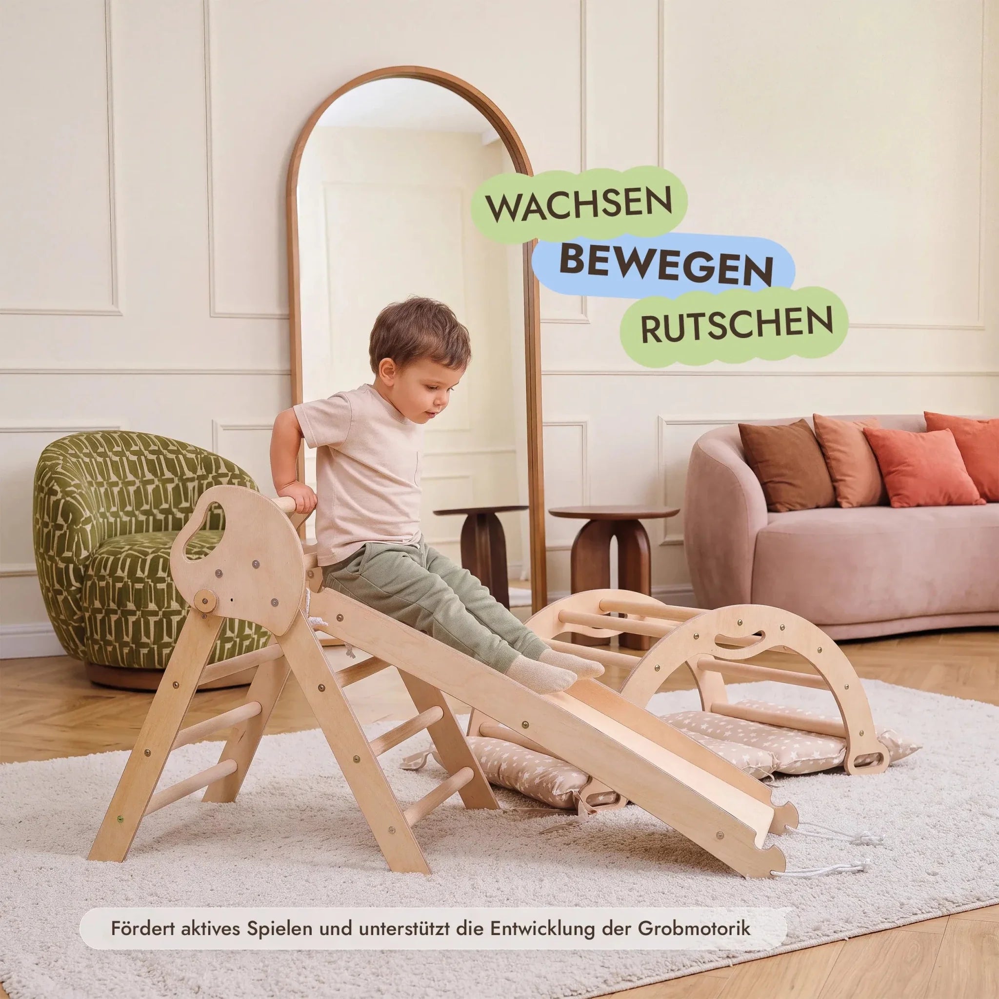 Montessori 4in1 Kletterdreieck für Babys: Pikler-Dreieck, Kletterbogen, Rutschbrett und Kissen für Kleinkinder (1–3 Jahre)