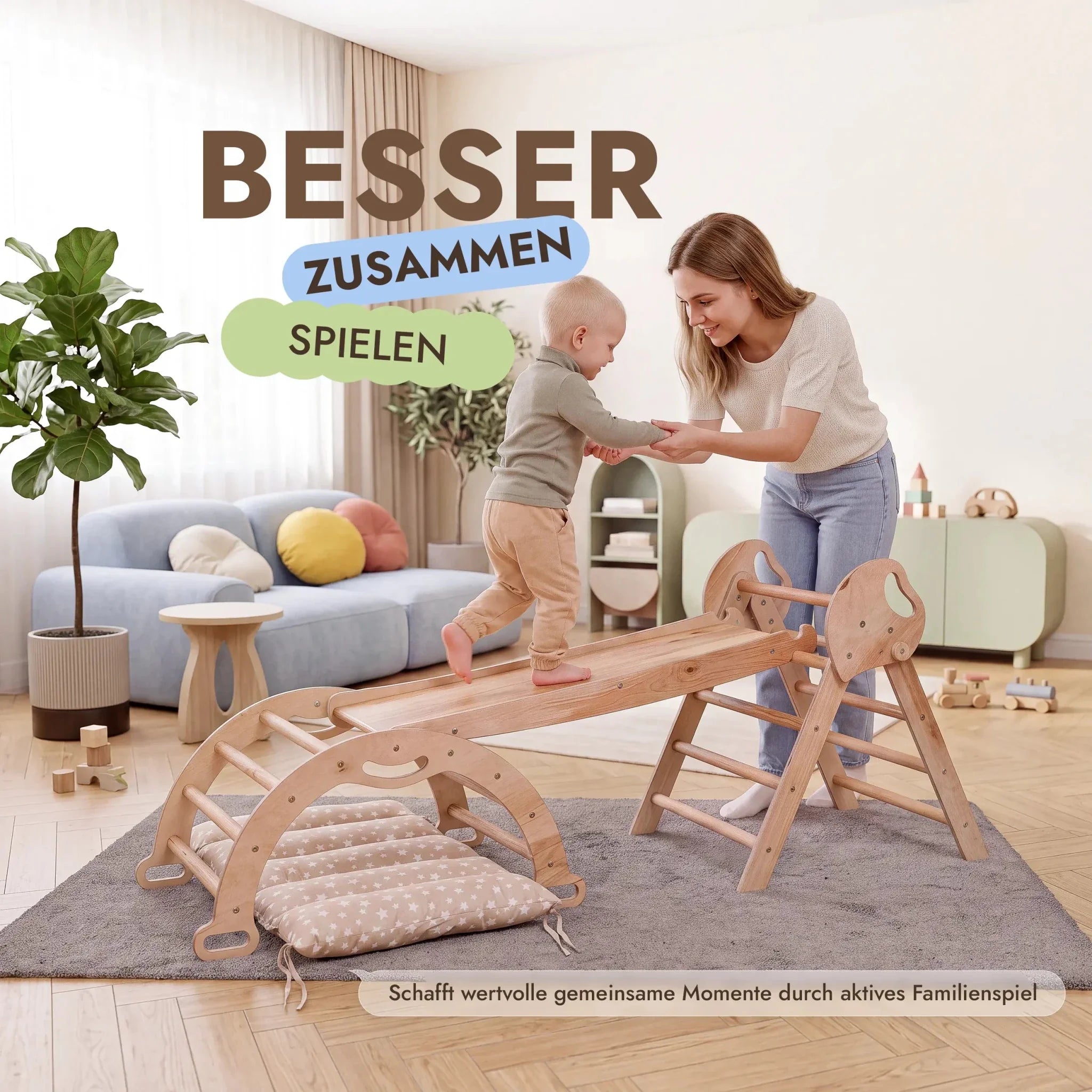 Montessori 4in1 Kletterdreieck für Babys: Pikler-Dreieck, Kletterbogen, Rutschbrett und Kissen für Kleinkinder (1–3 Jahre)
