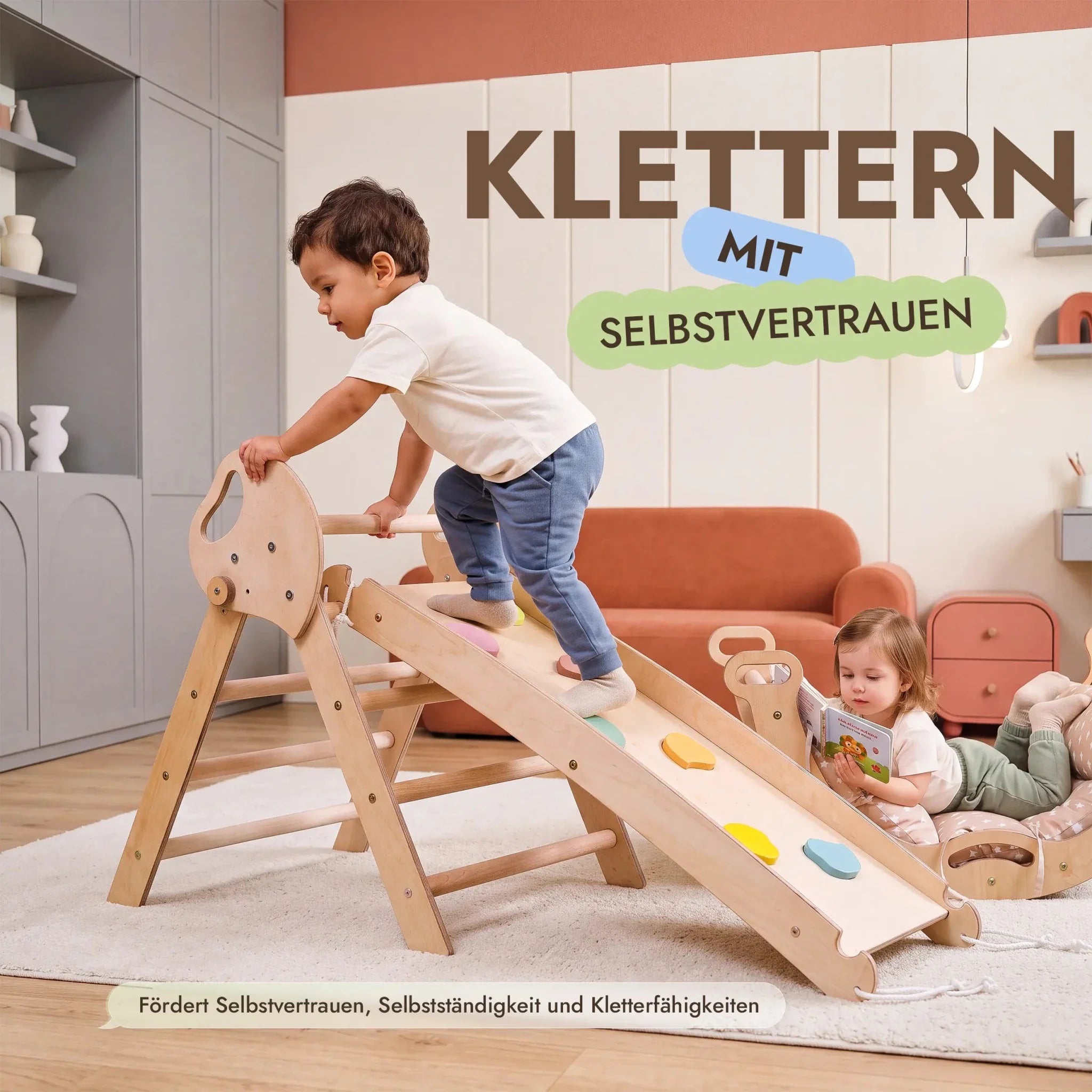 Montessori 4in1 Kletterdreieck für Babys: Pikler-Dreieck, Kletterbogen, Rutschbrett und Kissen für Kleinkinder (1–3 Jahre)