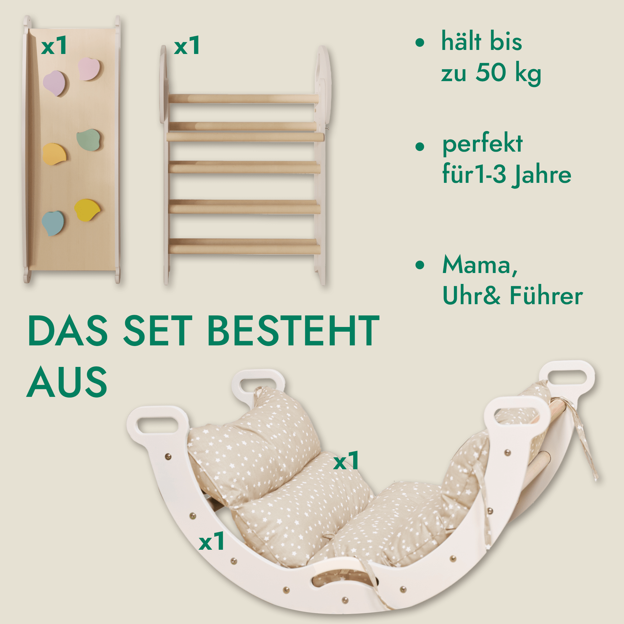 Montessori 4in1 Kletterdreieck für Babys: Pikler-Dreieck, Kletterbogen, Rutschbrett und Kissen für Kleinkinder (1–3 Jahre)