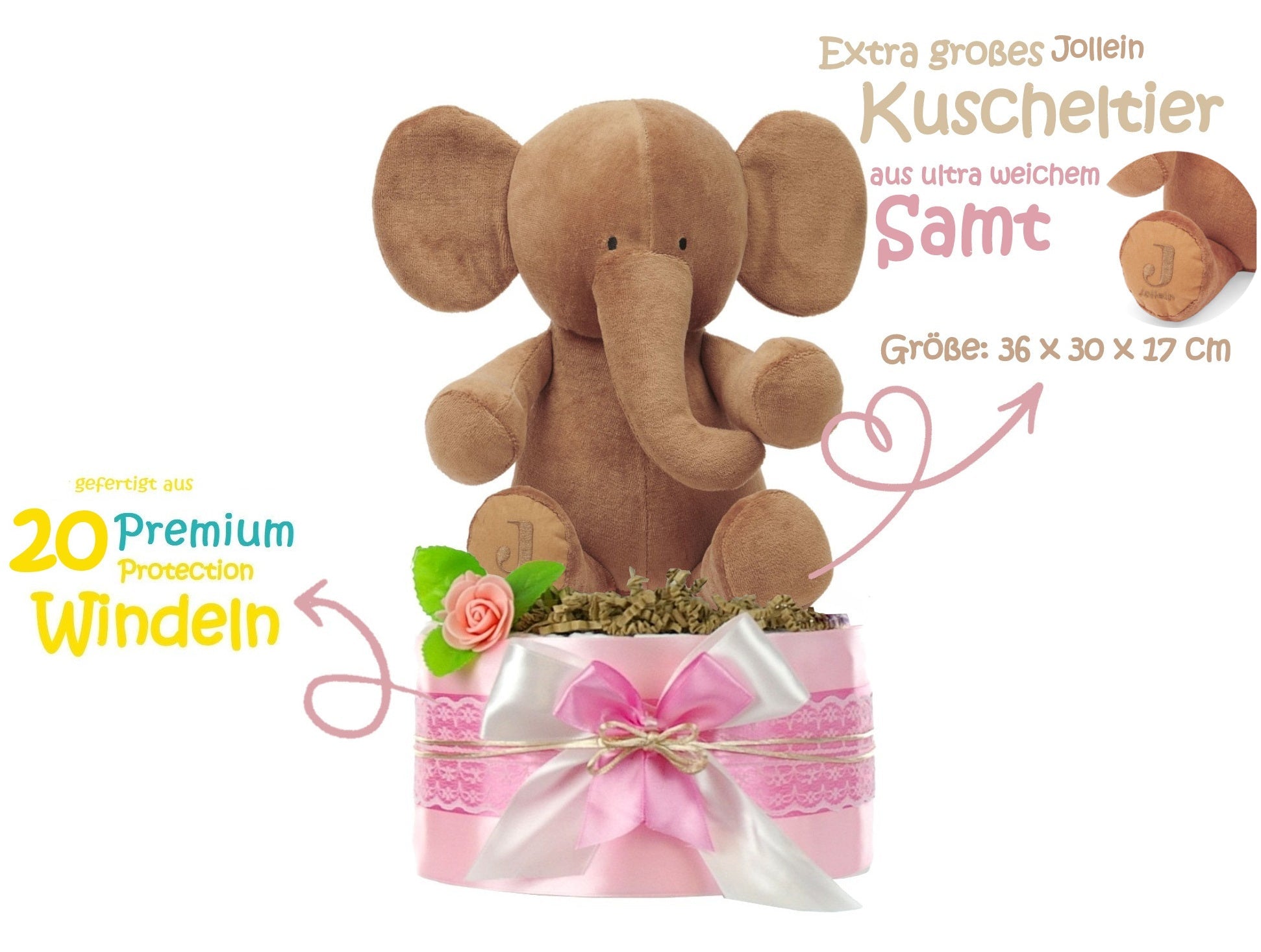 Windeltorte LITTLE PEANUT rosa mit Elefant