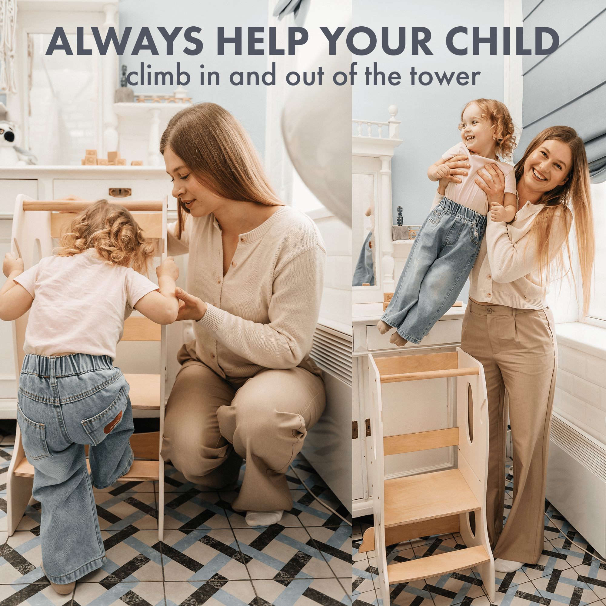 Stabiler Montessori Lernturm: Mitwachsender Kinderstuhl aus Holz – Elfenbein