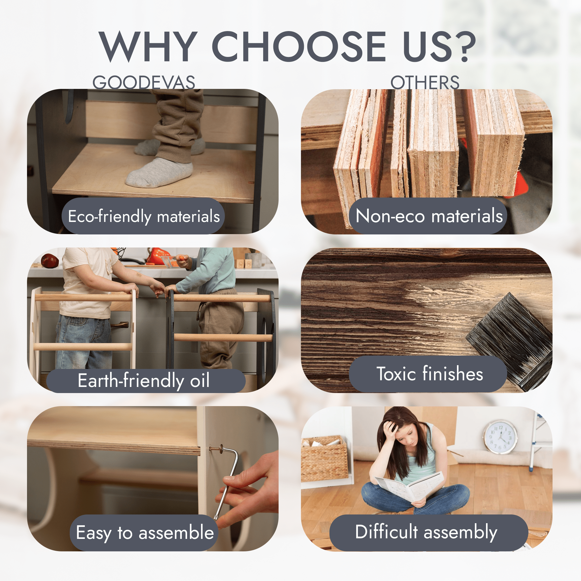 Stabiler Montessori Lernturm: Mitwachsender Kinderstuhl aus Holz – Grau