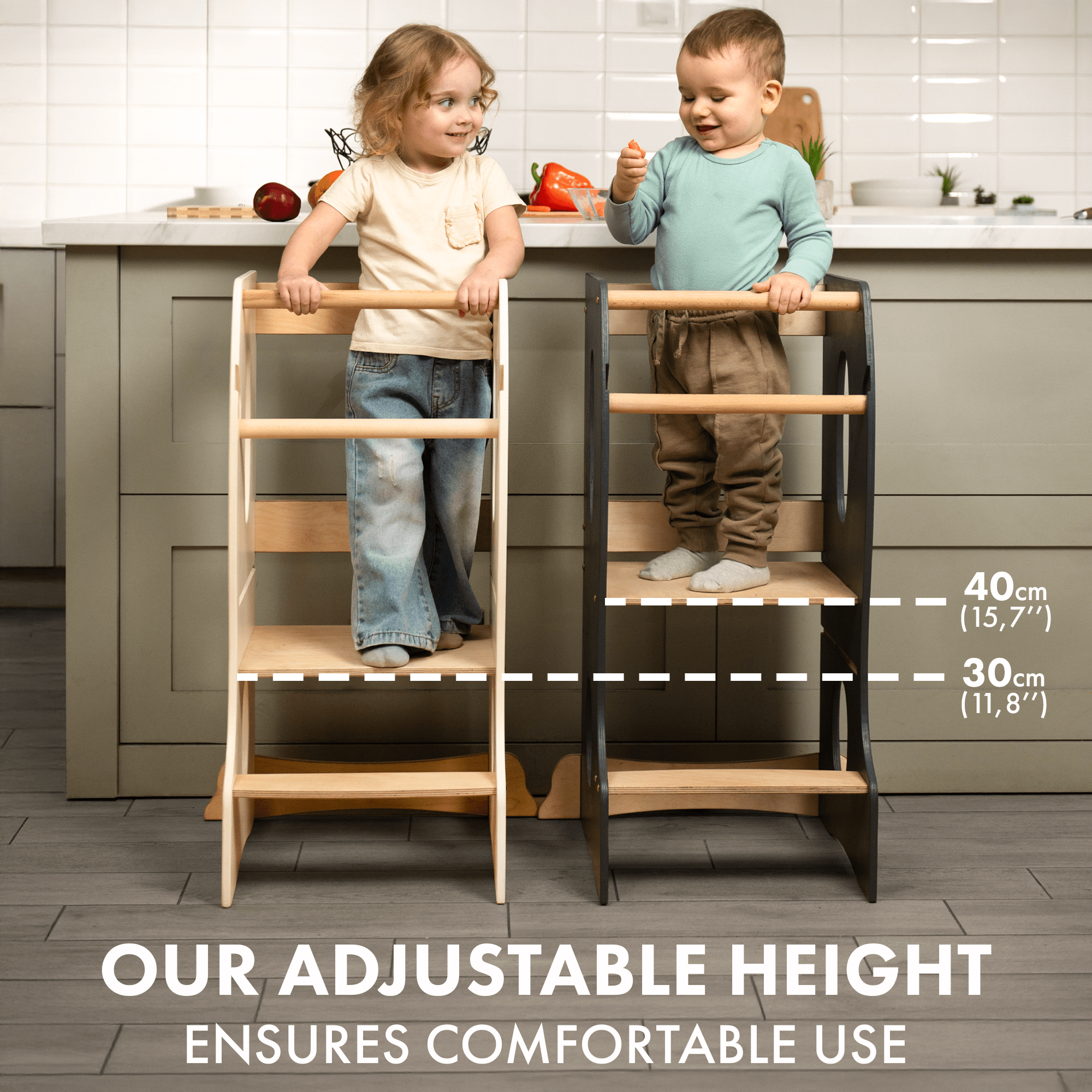 Stabiler Montessori Lernturm: Mitwachsender Kinderstuhl aus Holz – Grau